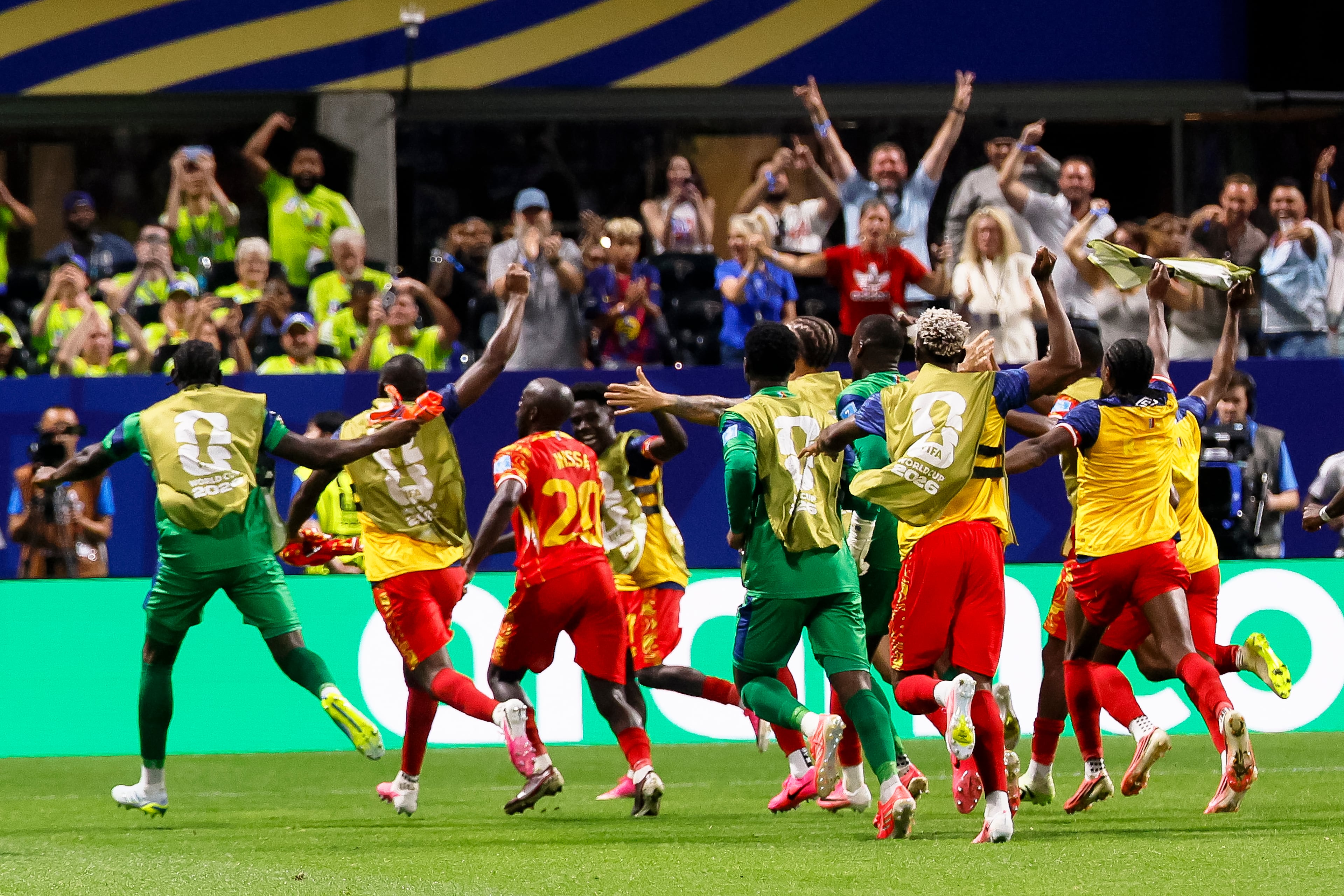 Congo players celebrate a 3-1 win over Uzbekistan after the second half of a FIFA World Cup match at Atlanta Stadium (Mercedes-Benz Stadium) on Saturday, June 27, 2026, in Atlanta. (Miguel Martinez/AJC)