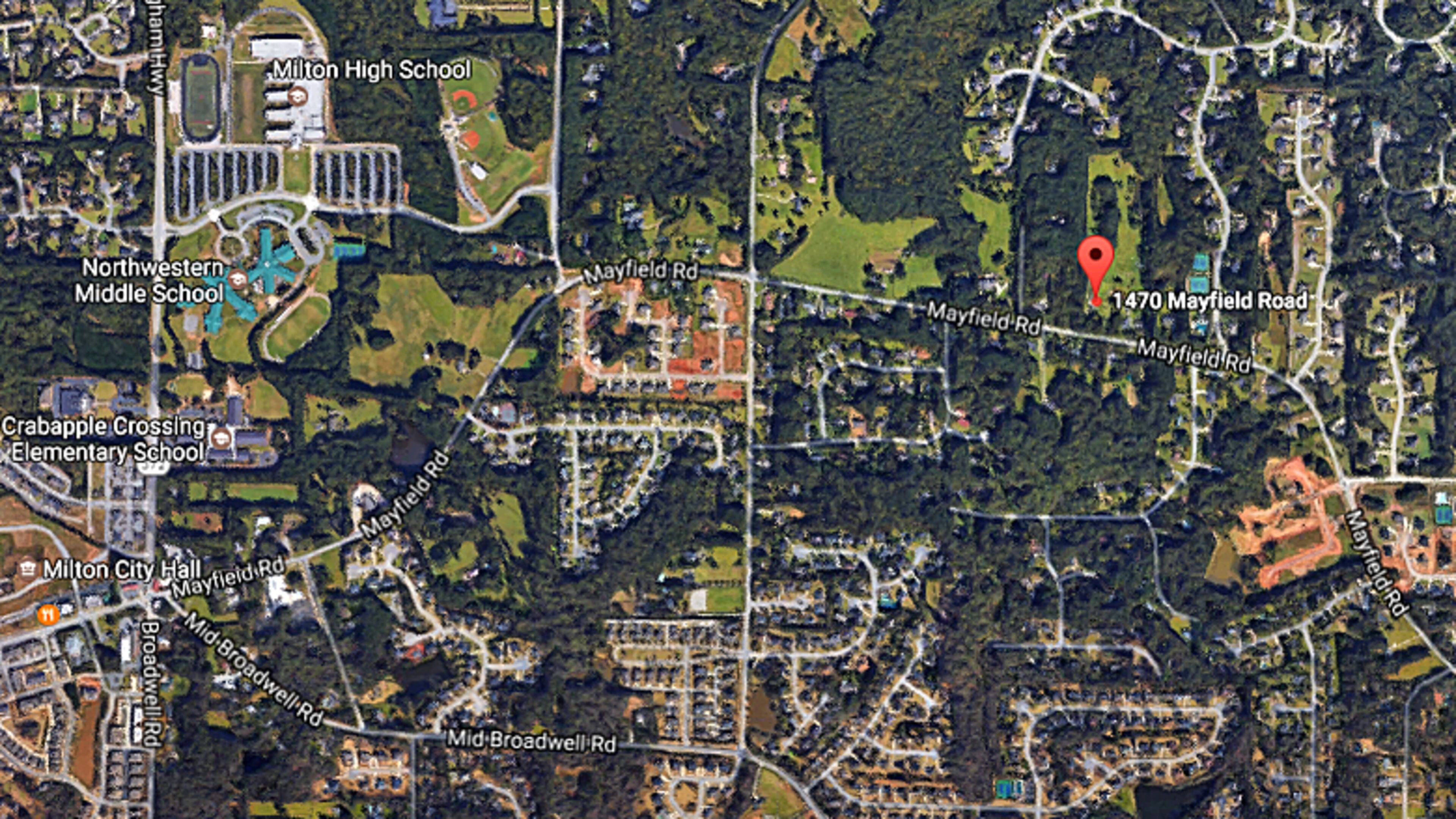 A future “passive” park on Mayfield Road, to be jointly owned and managed by Alpharetta and Milton, would be a short distance east of Milton High School, Northwestern Middle School and Crabapple Crossing Elementary School. GOOGLE MAPS