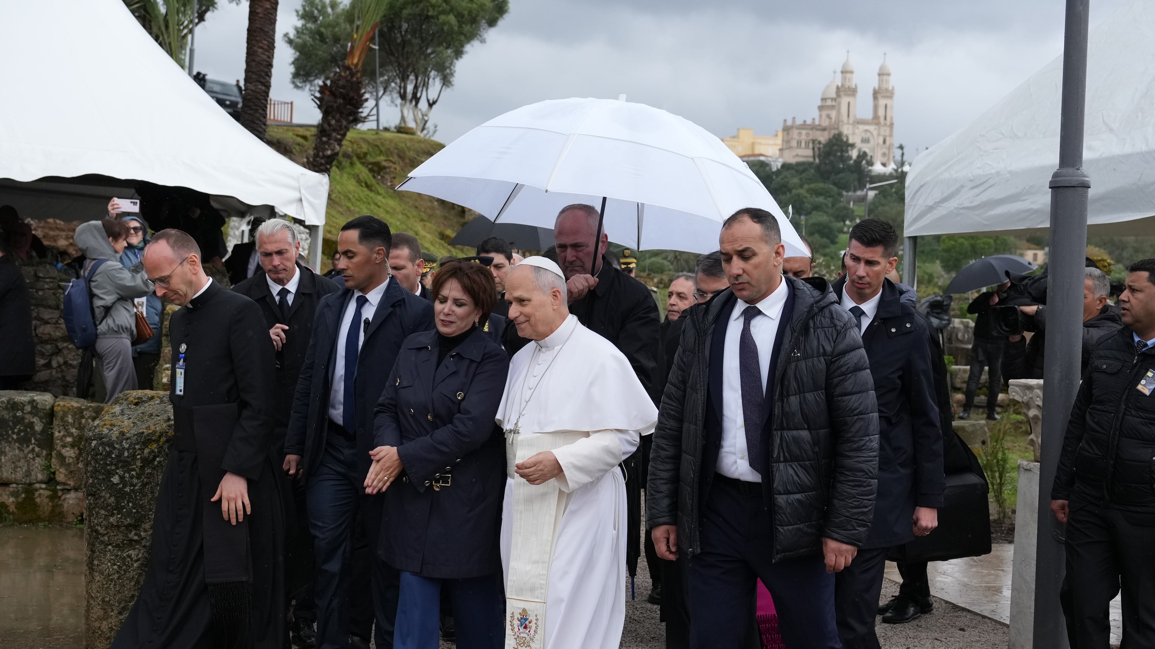 Pope Leo XIV visits the archaeological site of Hippo, in Annaba, Algeria, Tuesday, April 14, 2026, on the second day of an 11-day apostolic journey to Africa. (AP Photo/Andrew Medichini)