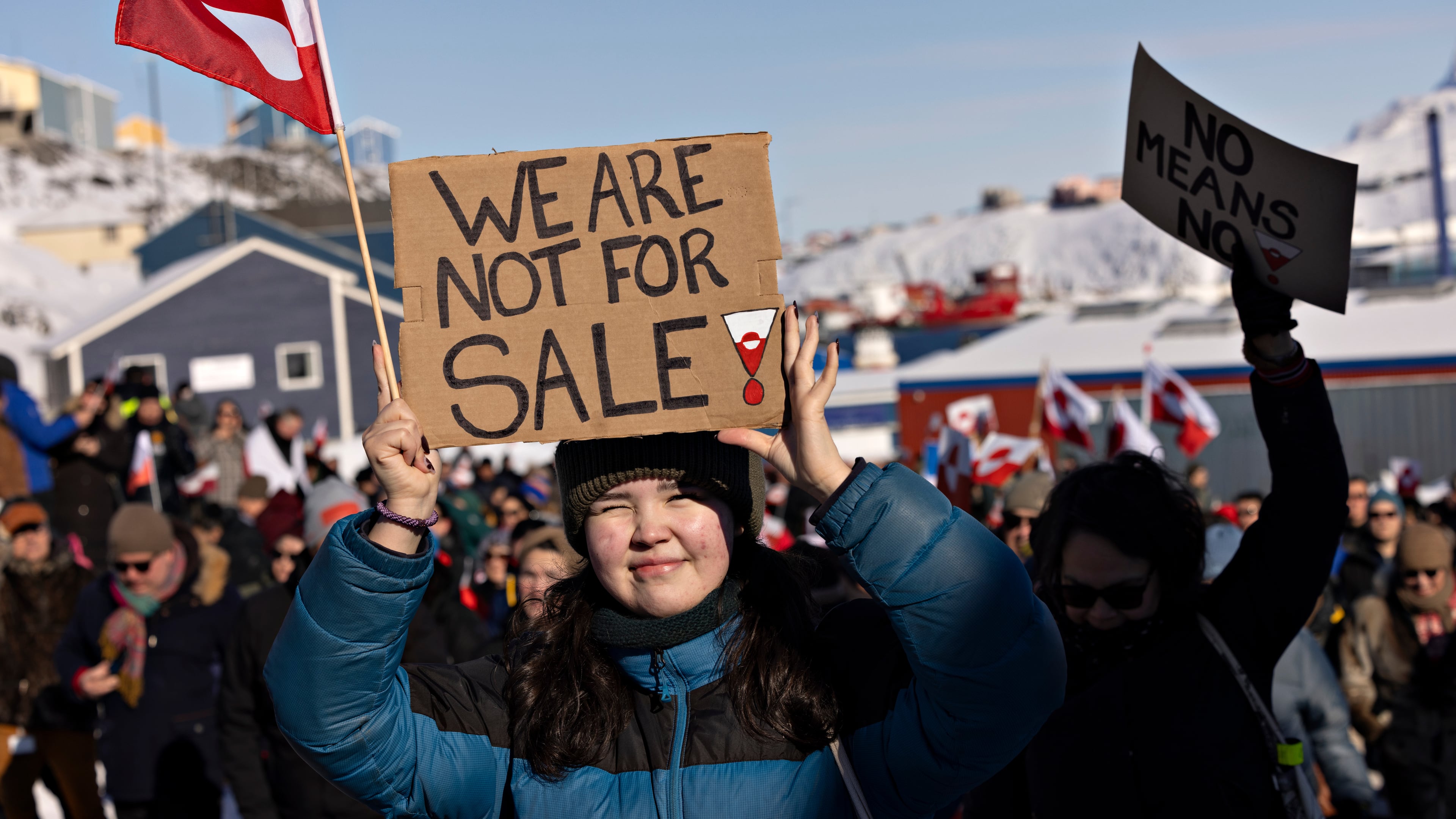 FILE - People take part in a march ending in front of the US consulate, under the slogan, Greenland belongs to the Greenlandic people, in Nuuk, Greenland, Saturday March 15, 2025. (Christian Klindt Soelbeck/Ritzau Scanpix via AP, File)