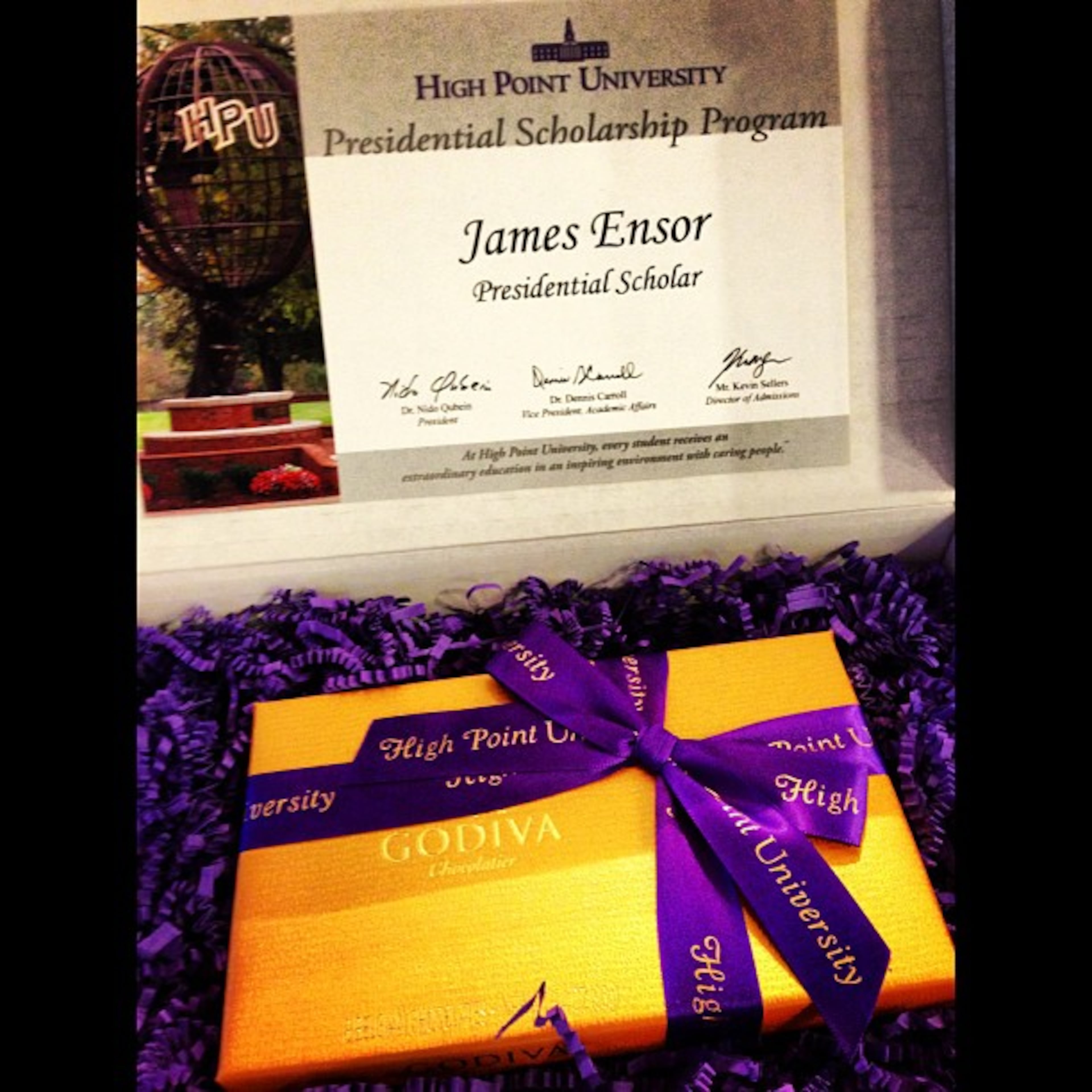 High Point University Presidential Scholarship! Plus I was accepted into the Honors Scholar Program! Oh, and they gave me Godiva chocolate too… #highpoint #highpointuniversity #college #honors #scholarship #scholar #godiva #classy