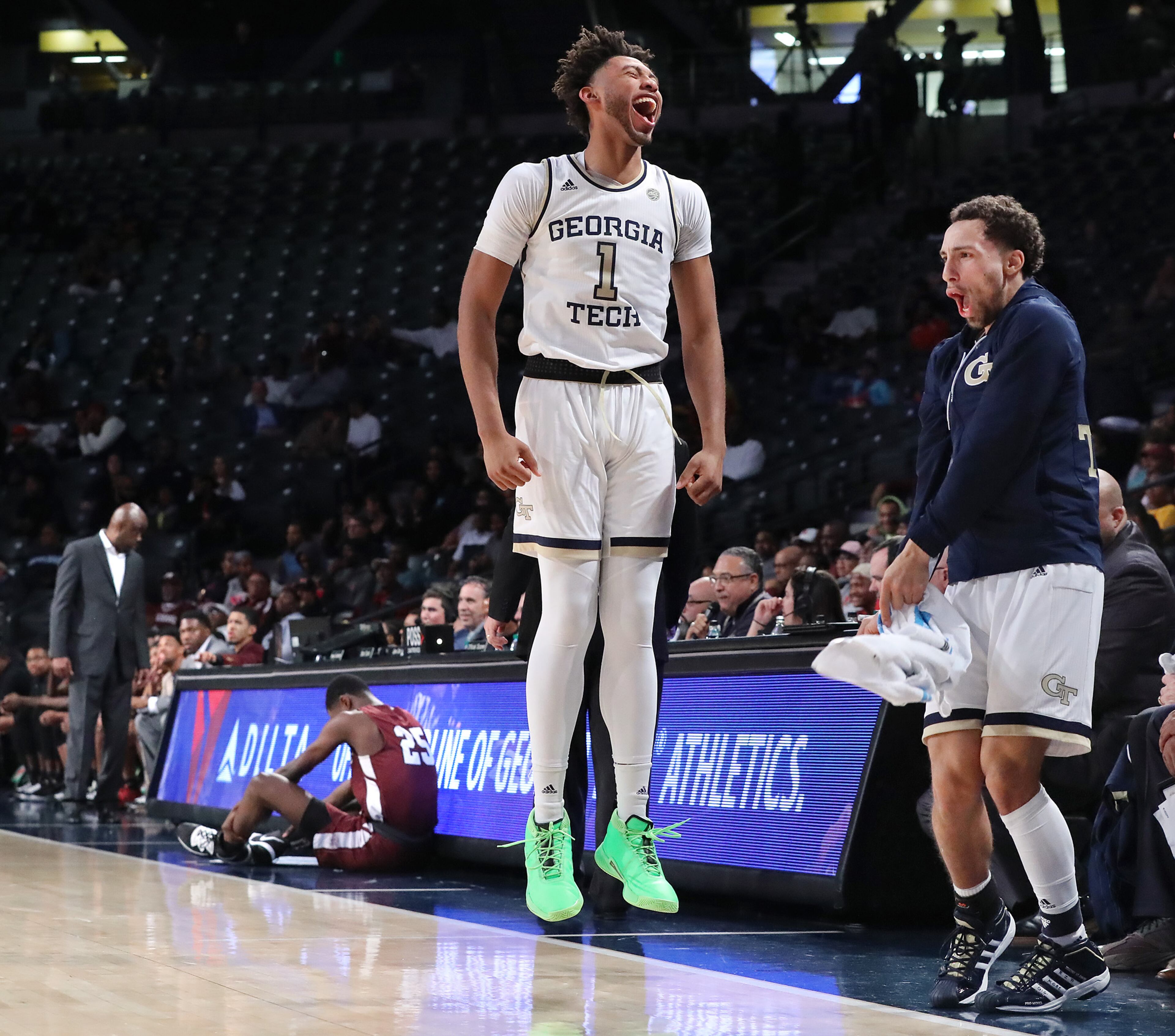 Morehouse head coach Grady Brewer and forward Xavier Brewer react in dejection while Georgia Tech forward James Banks III and guard Jose Alvarado celebrate a basket by teammate Evan Cole in the finale minutes of a 82-54 victory over Morehouse in a NCAA college basketball game on Tuesday, January 28, 2020, in Atlanta. Curtis Compton ccompton@ajc.com