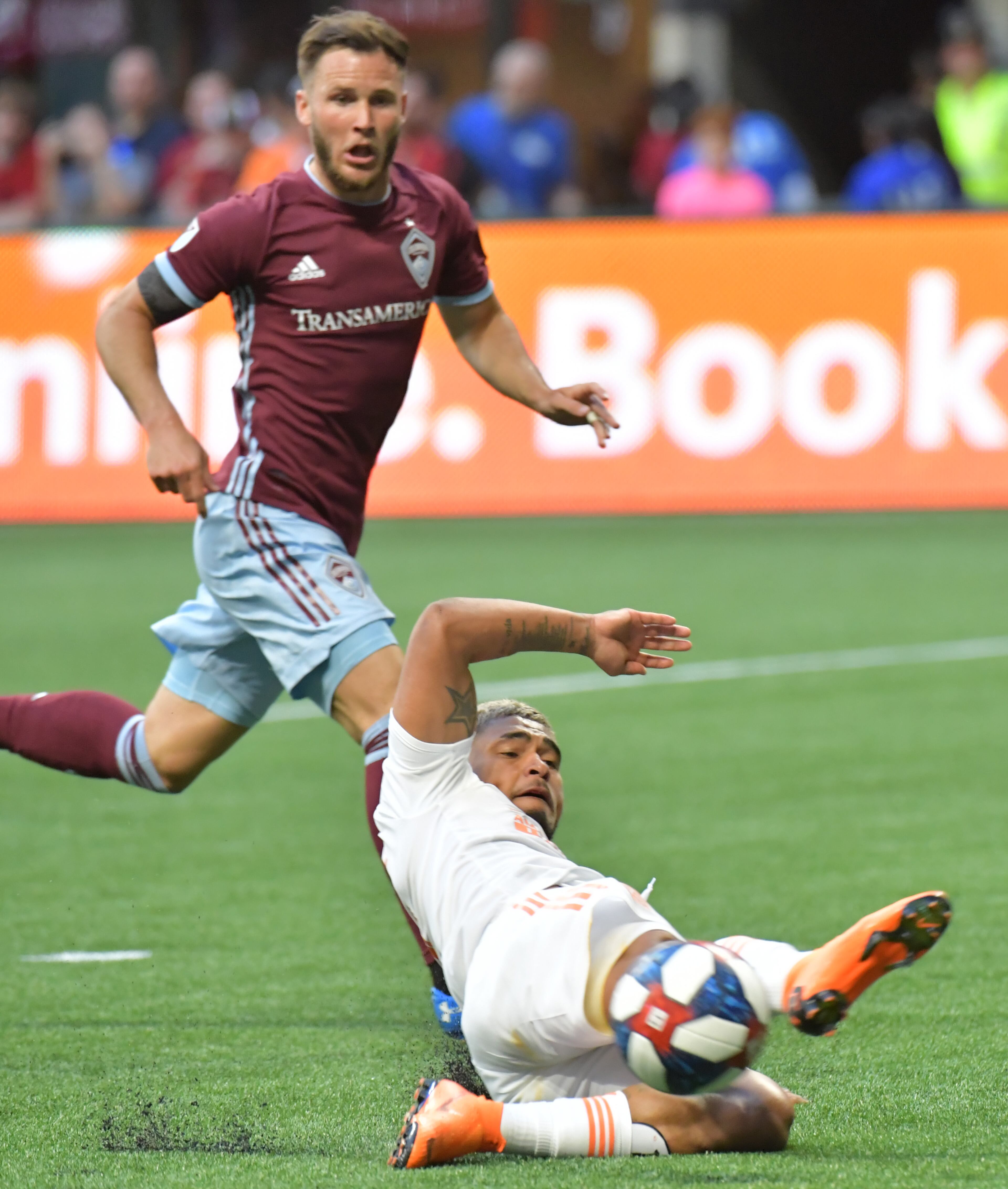 April 27, 2019 Atlanta - Atlanta United midfielder Gonzalo Martinez attempts a kick during the first half in a MLS soccer match at Mercedes-Benz Stadium in Atlanta on Saturday, April 27, 2019. HYOSUB SHIN / HSHIN@AJC.COM