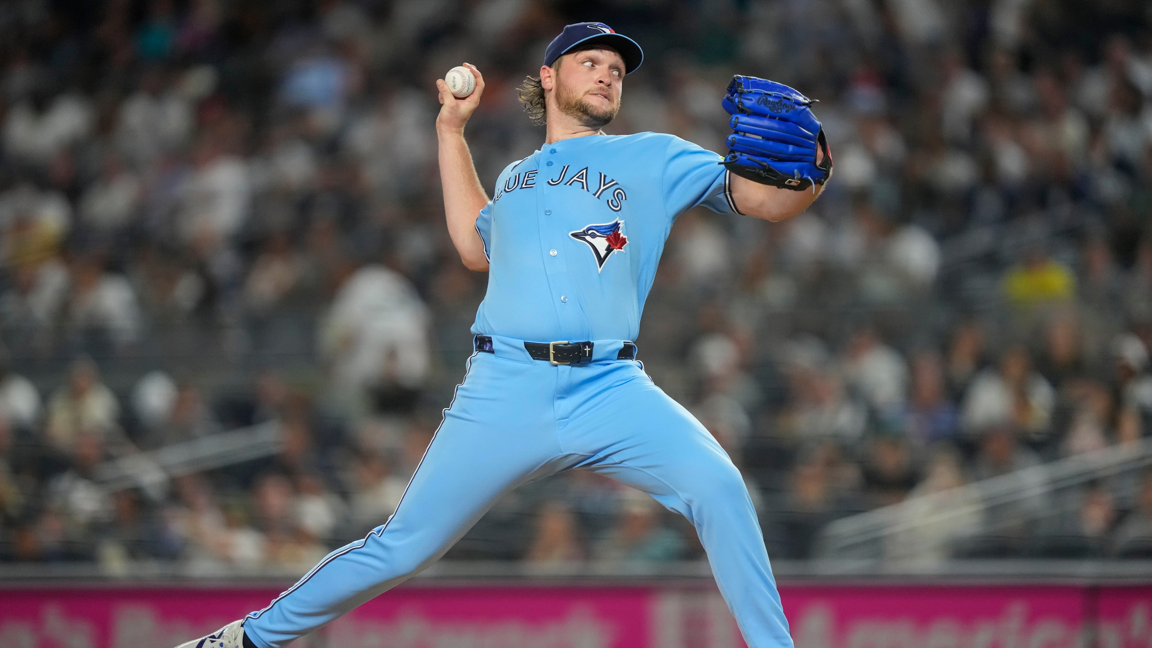 Toronto Blue Jays pitcher Trey Yesavage (39) throws during the first inning of a baseball game against the New York Yankees, Wednesday, May 20, 2026, in New York. (AP Photo/Yuki Iwamura)