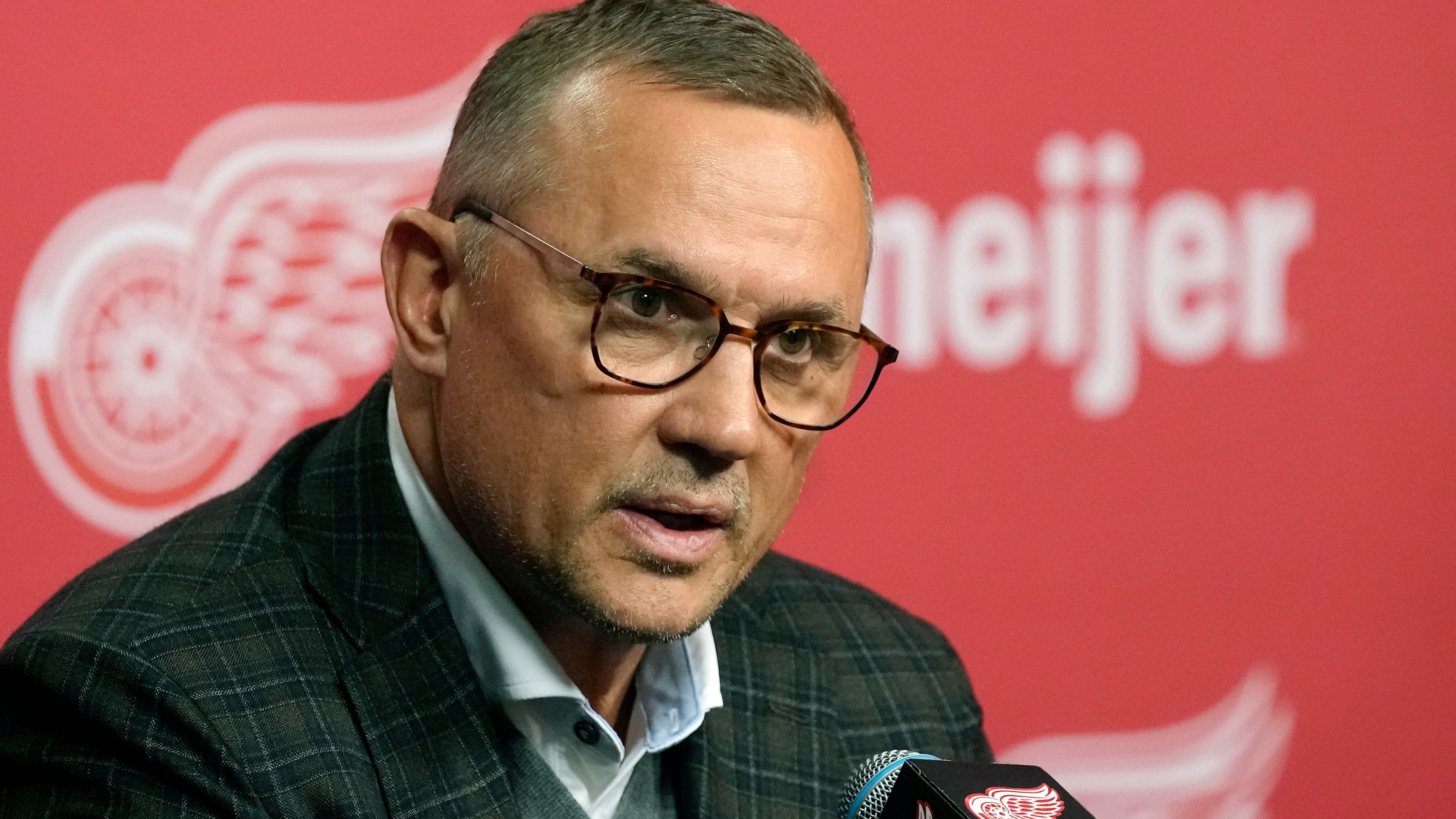 FILE - The then-Detroit Red Wings executive VP/general manager Steve Yzerman speaks to the media following their NHL hockey season, Friday, April 19, 2024, in Detroit. (AP Photo/Carlos Osorio, File)