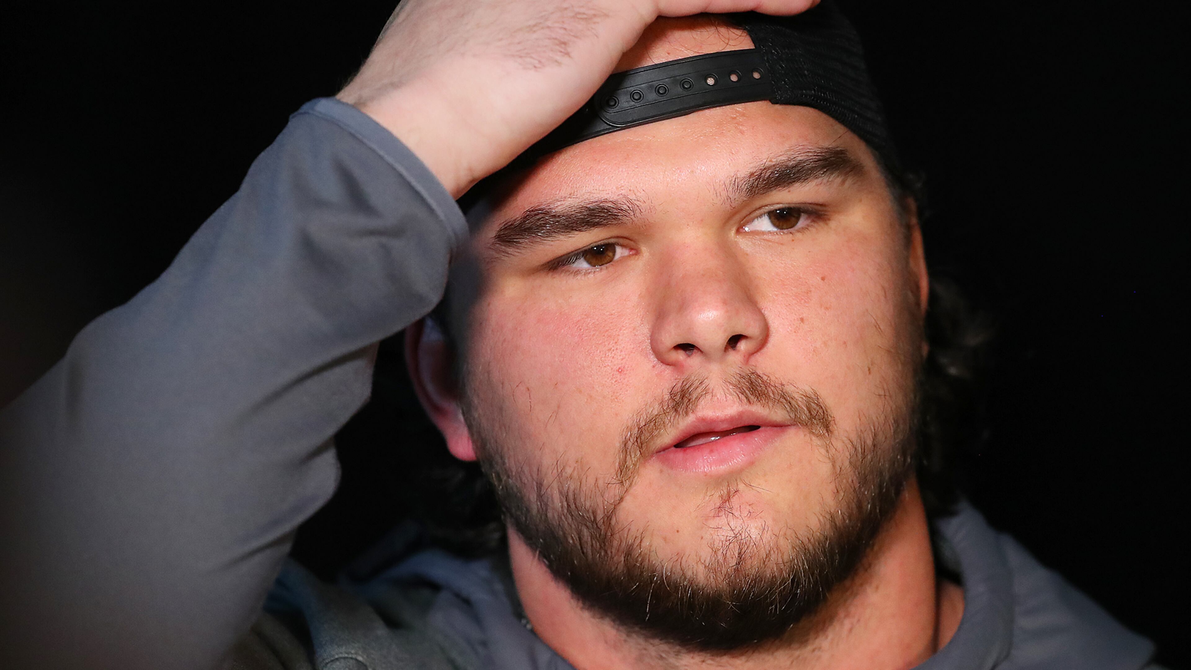 January 31, 2017, Houston: Falcons tackle Jake Matthews takes questions during his Super Bowl press conference on Tuesday, Jan. 31, 2017, at Memorial City Mall ice arena in Houston. Curtis Compton/ccompton@ajc.com