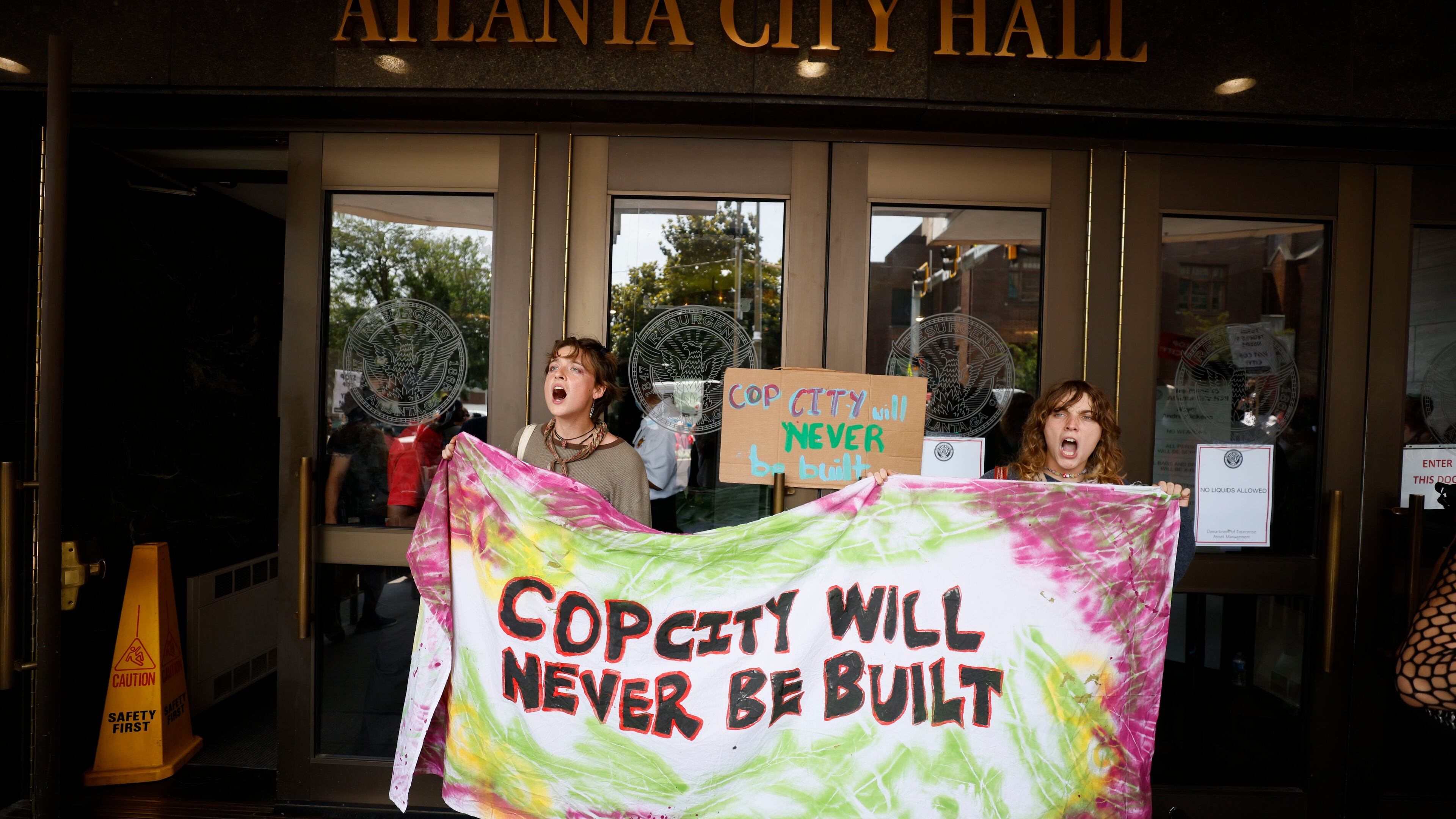 A gathering of protesters chants outside Atlanta City Hall prior to the conclusive vote on legislation approving the allocation of funds for the public safety training center on June 5, 2023. (Miguel Martinez/The Atlanta Journal-Constitution/TNS)