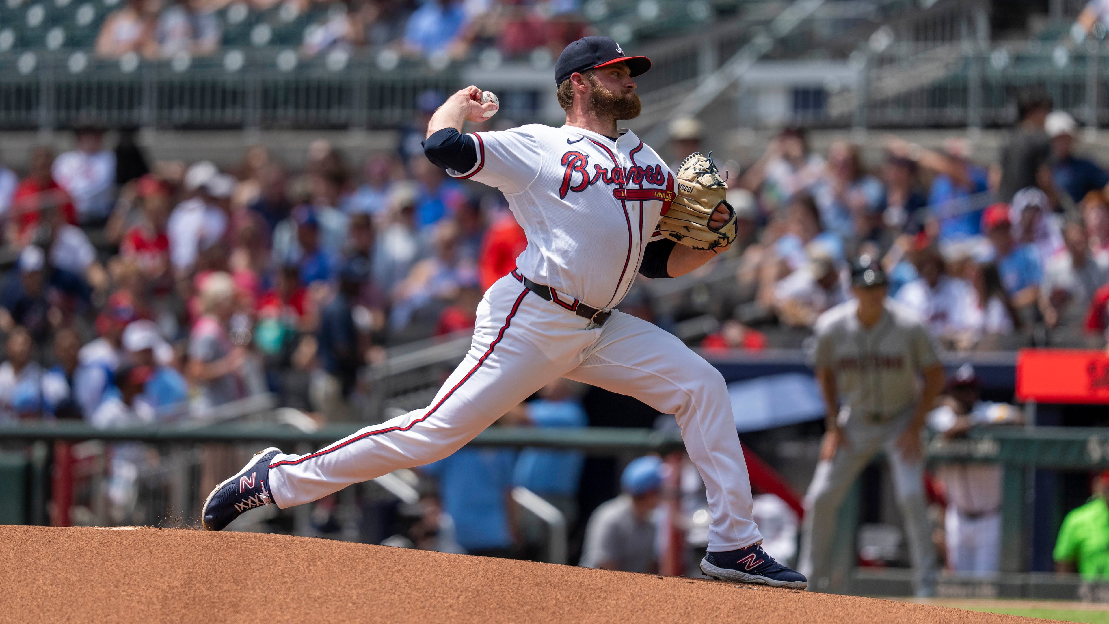 Braves pitcher Bryce Elder throws during the first inning against the Diamondbacks on Sunday, Aug. 16, 2026, in Atlanta. Elder, who gave up seven earned runs in his last start, allowed four hits and struck out five while throwing just 75 pitches on a hot Sunday. (Erik Rank/AP)