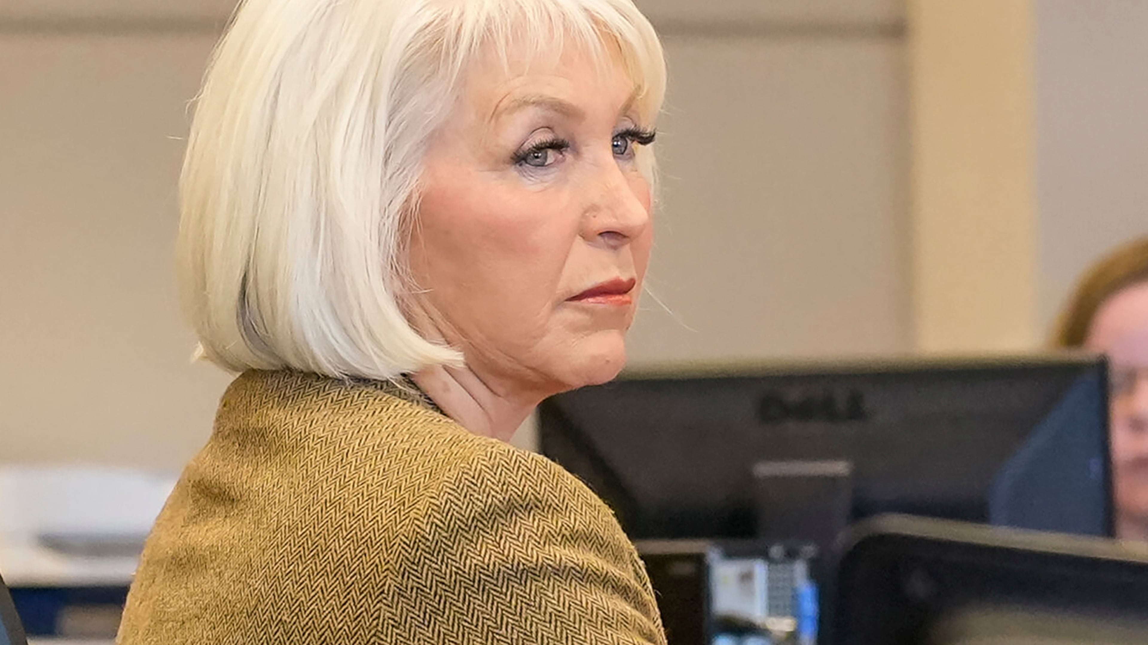 FILE - Tina Peters, former Mesa County, Colo., clerk, listens during her trial, March 3, 2023, in Grand Junction, Colo. (Scott Crabtree/The Grand Junction Daily Sentinel via AP, Pool, File)