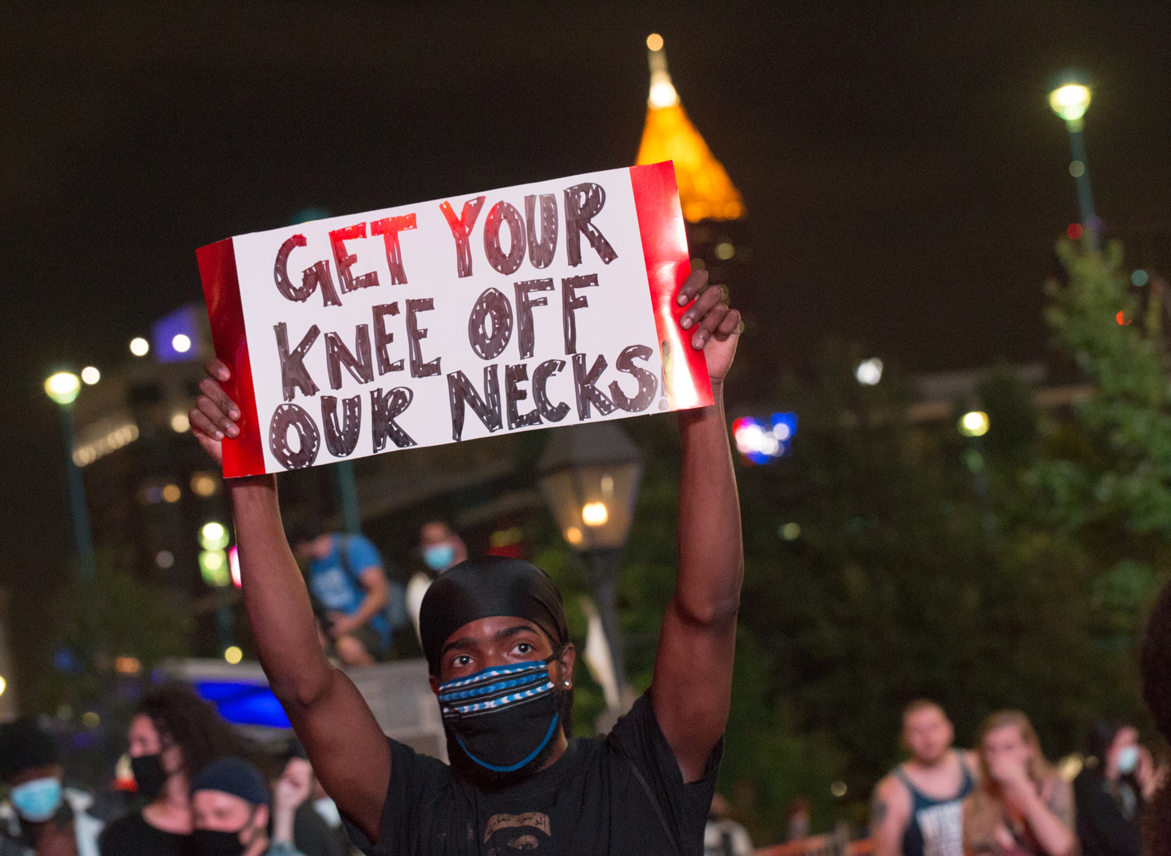 Riots have broken out in Atlanta around the CNN Center and where protestors and police clash Friday, May 29, 2020. (Jenni Girtman for The Atlanta Journal-Constitution)