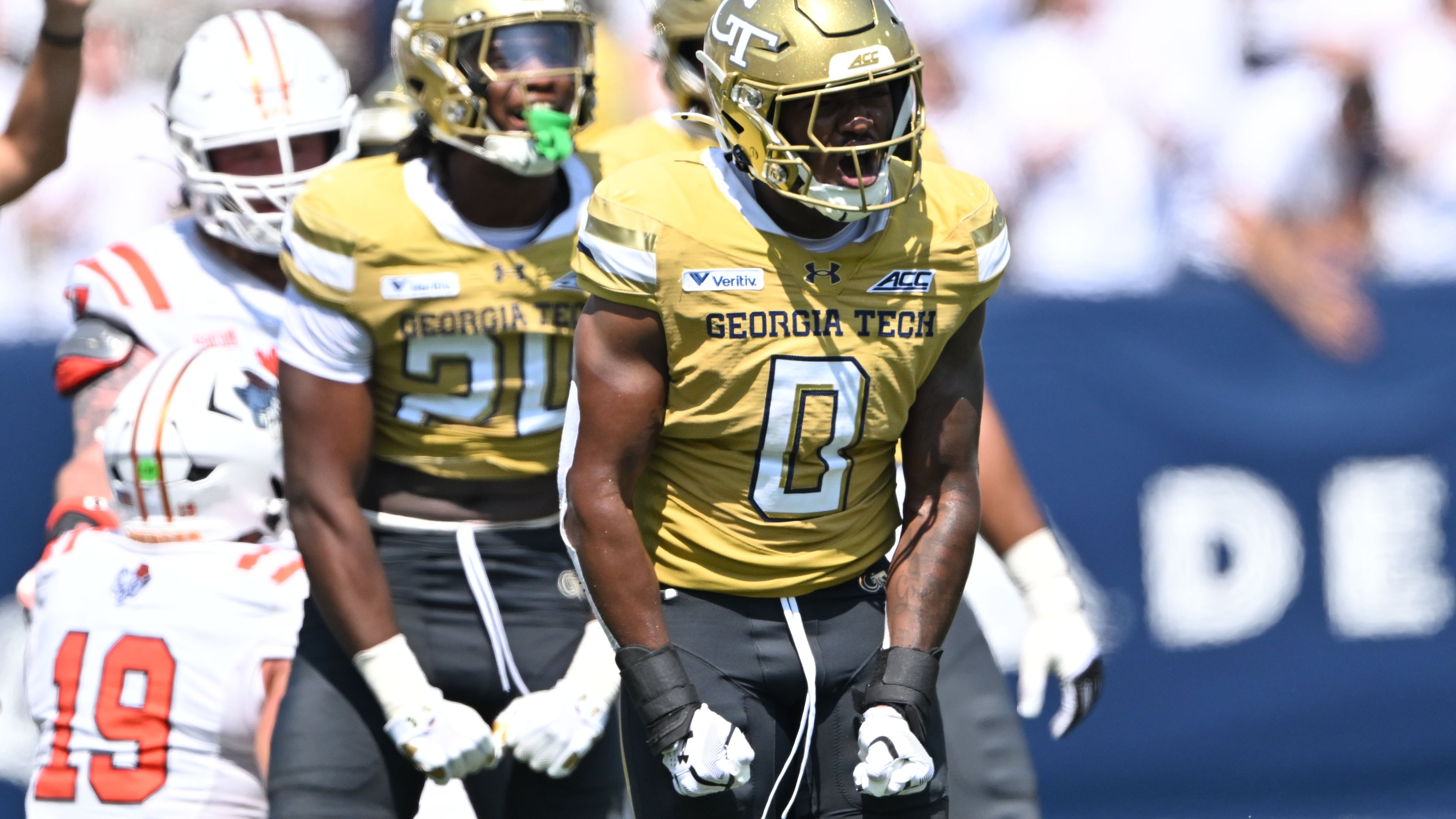 Georgia Tech linebacker Melvin Jordan IV gets fired up as the Yellow Jackets take on Mercer at Bobby Dodd Stadium on Saturday, Sept. 19, 2026, in Atlanta. (Hyosub Shin/AJC)