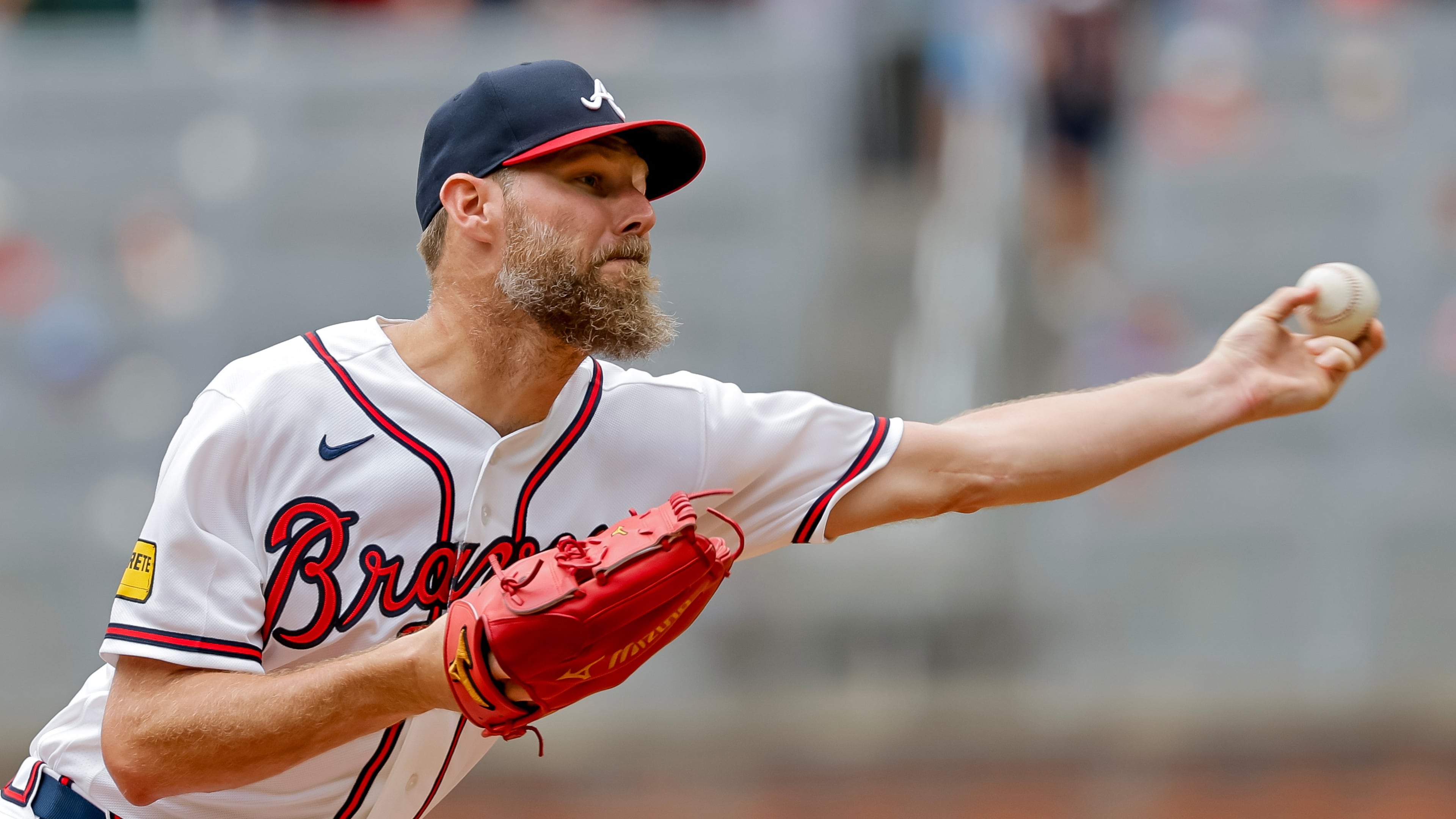 Braves starter Chris Sale delivers a pitch to a Padres batter on Thursday, July 23, 2026, in Atlanta. Sale struck out 11 hitters to match a season high. (Erik S. Lesser/AP)