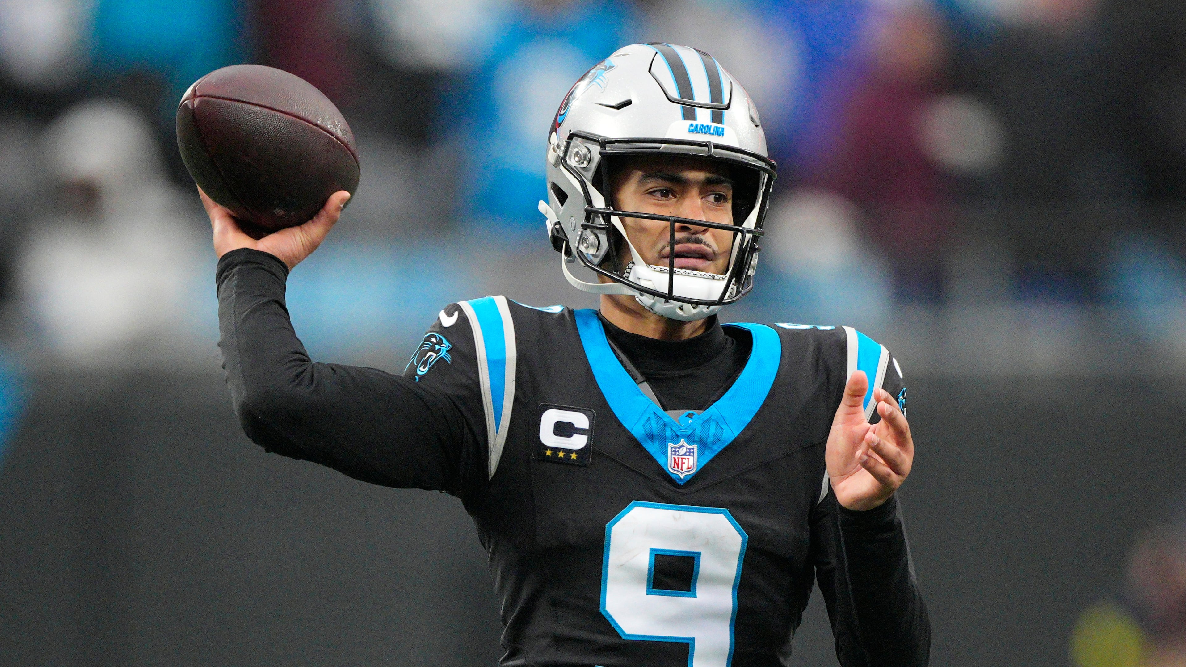 Carolina Panthers quarterback Bryce Young passes against the Seattle Seahawks during the second half of an NFL football game, Sunday, Dec. 28, 2025, in Charlotte, N.C. (AP Photo/Jacob Kupferman)