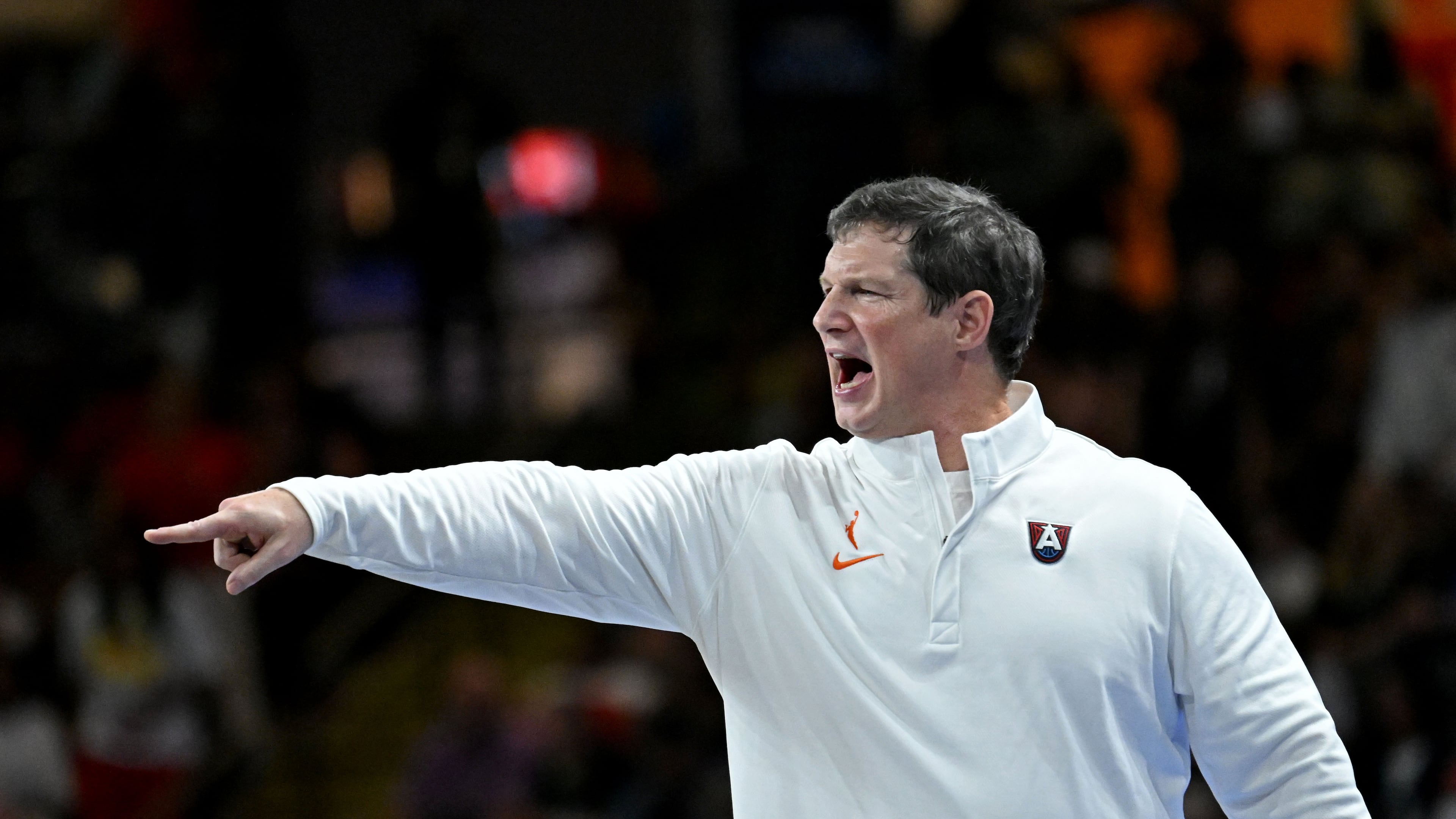 Atlanta Dream head coach Karl Smesko shouts instructions during the second half in a WNBA basketball game at Gateway Center Arena on Friday, May 22, 2026, in Atlanta. Atlanta Dream won 86-69 over Dallas Wings. (Hyosub Shin/AJC)