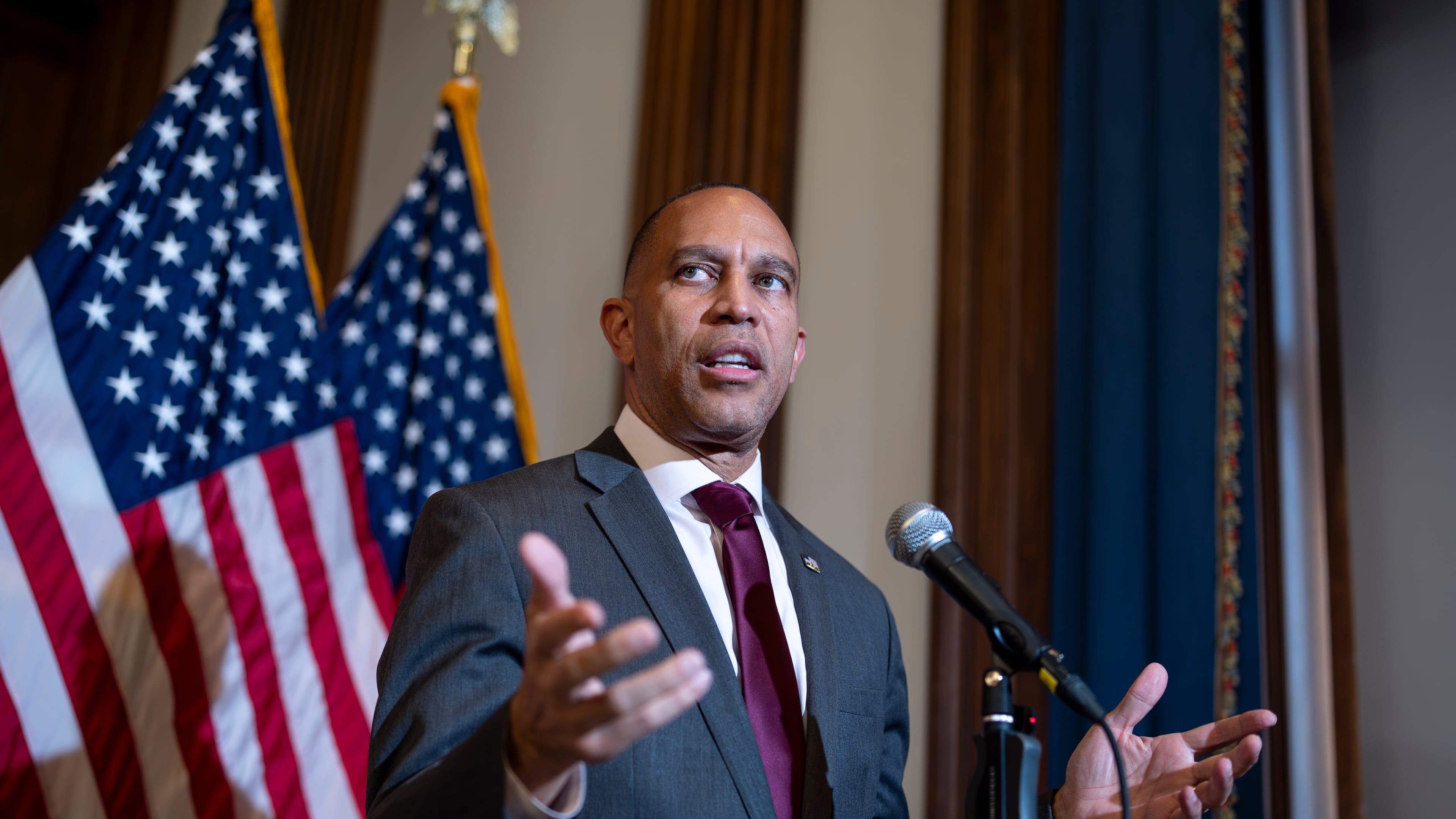 House Minority Leader Hakeem Jeffries, D-N.Y., talks about the policies of President Donald Trump and Republican supporters in Congress as he holds a news conference at the Capitol in Washington, Wednesday, Sept. 23, 2026. (AP Photo/J. Scott Applewhite)