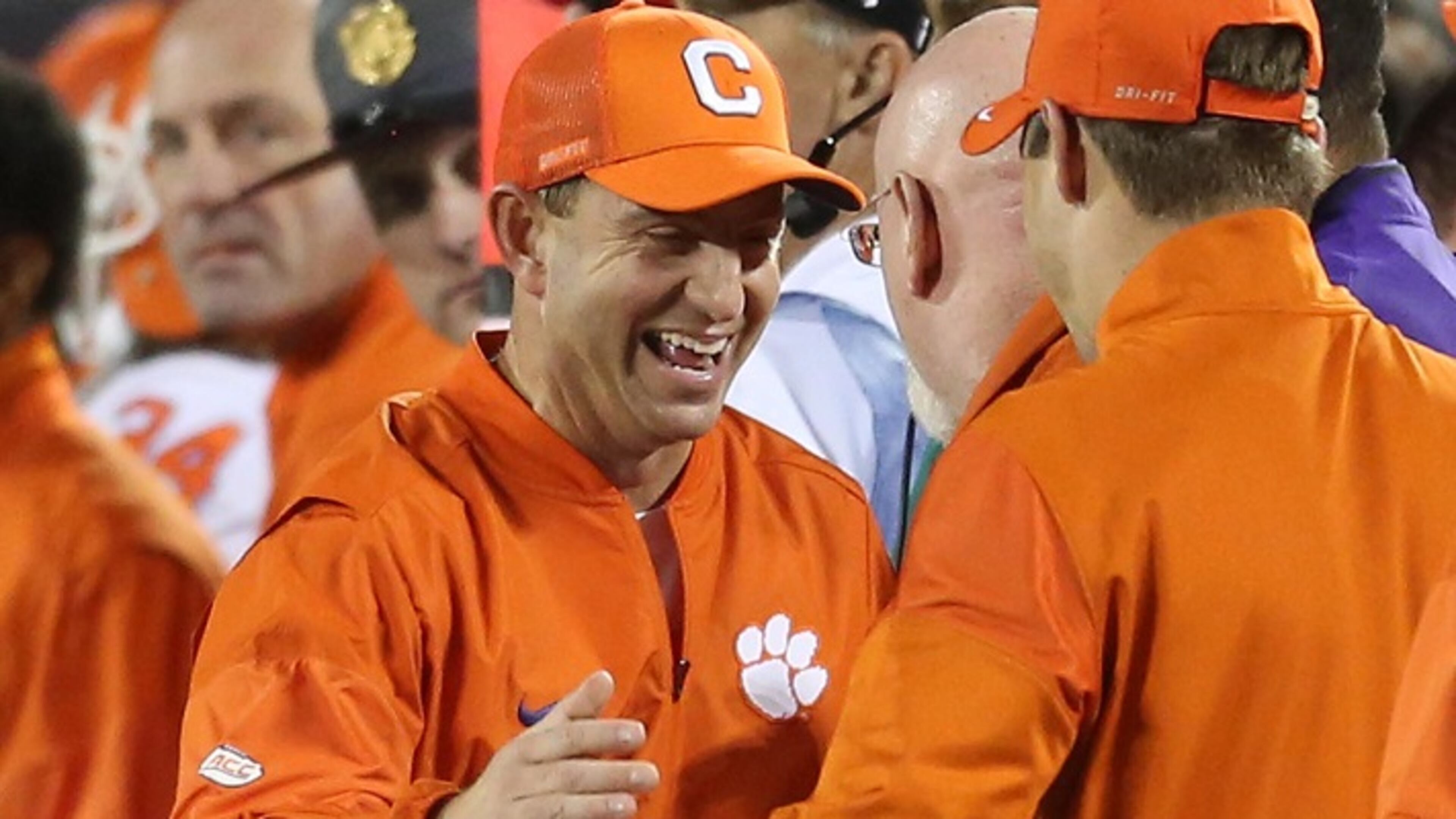 Clemson head coach Dabo Swinney celebrates in the closing seconds of a 42-35 win against Virginia Tech in the Atlantic Coast Conference championship at Camping World Stadium in Orlando, Fla., on December 3, 2016. (Stephen M. Dowell/Orlando Sentinel/TNS)