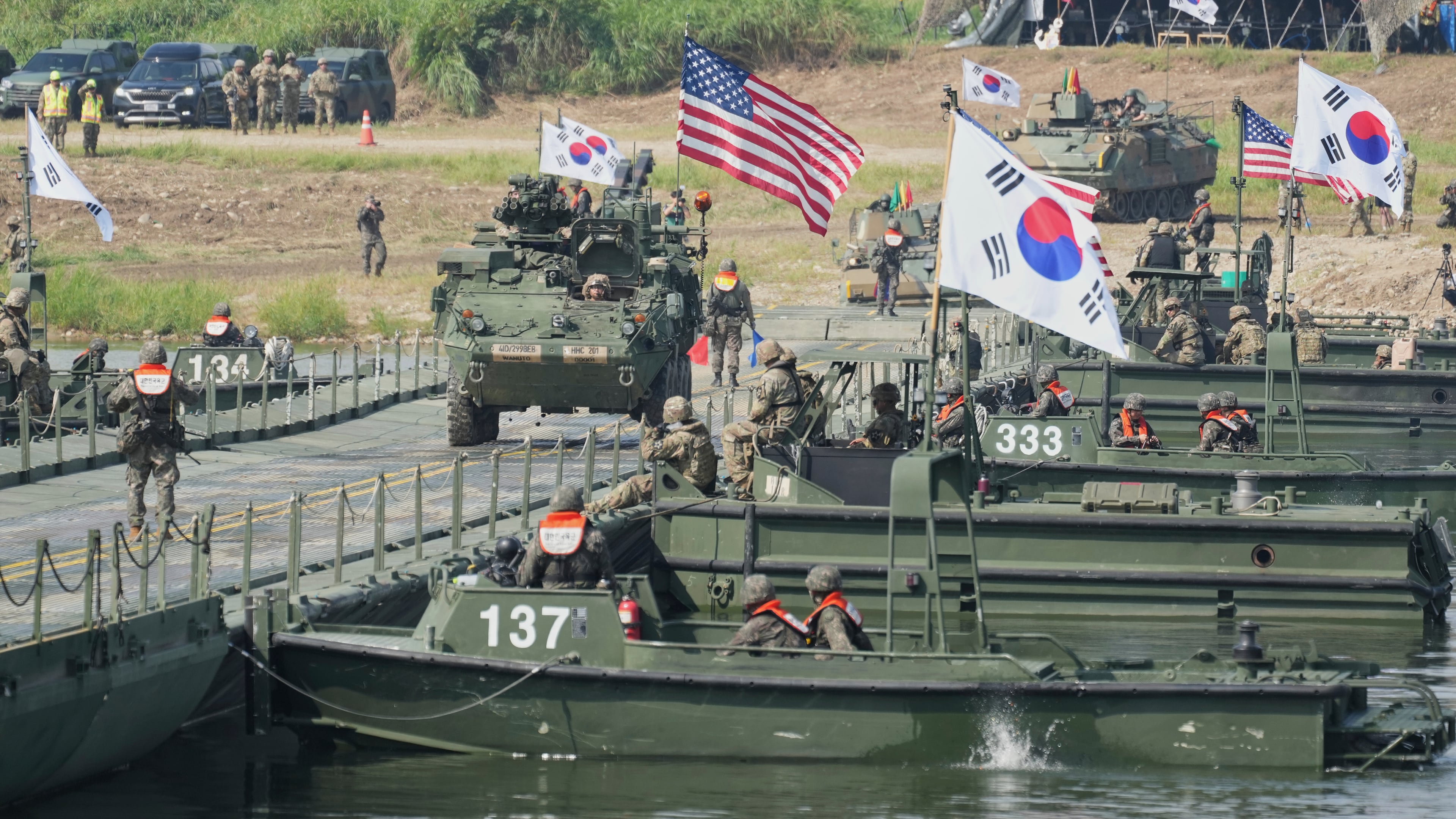 FILE - A vehicle from U.S. Army's the Stryker Combat Team crosses a floating bridge on the Namhan River during the combined river-crossing drill between South Korea and the United States as a part of the Ulchi Freedom Shield 25 in Yeoju, South Korea, Aug. 27, 2025. (AP Photo/Lee Jin-man, File)