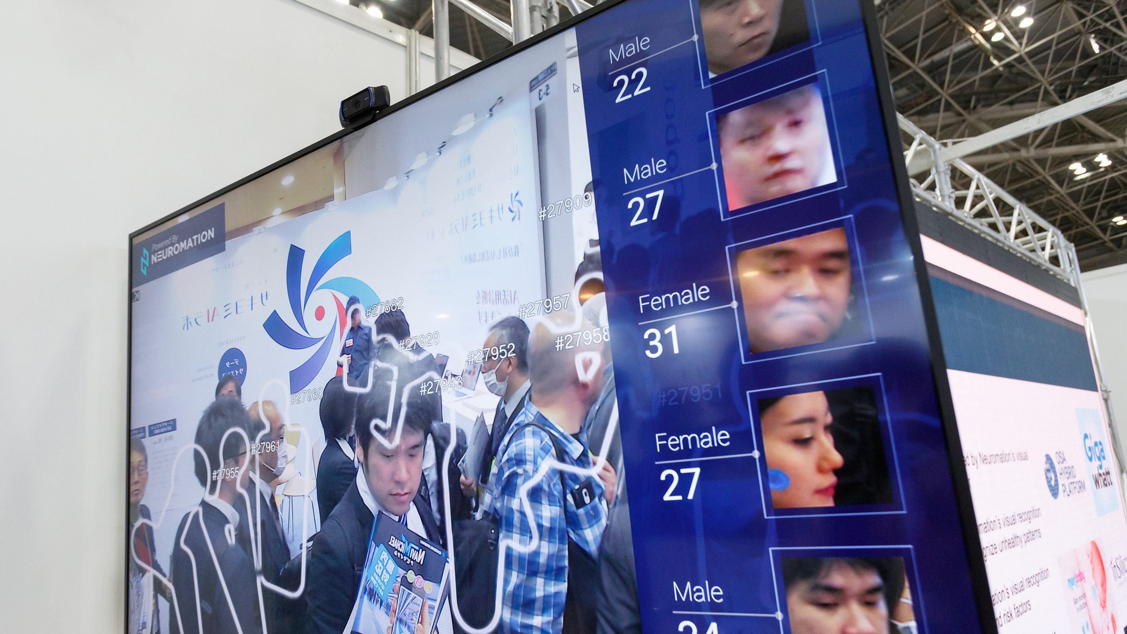 A facial recognition system shows visitors’ faces and ages during the 2nd AI Expo at Tokyo Big Sight on April 5, 2018, Tokyo, Japan. (Rodrigo Reyes Marin/AFLO/Zuma Press/TNS)