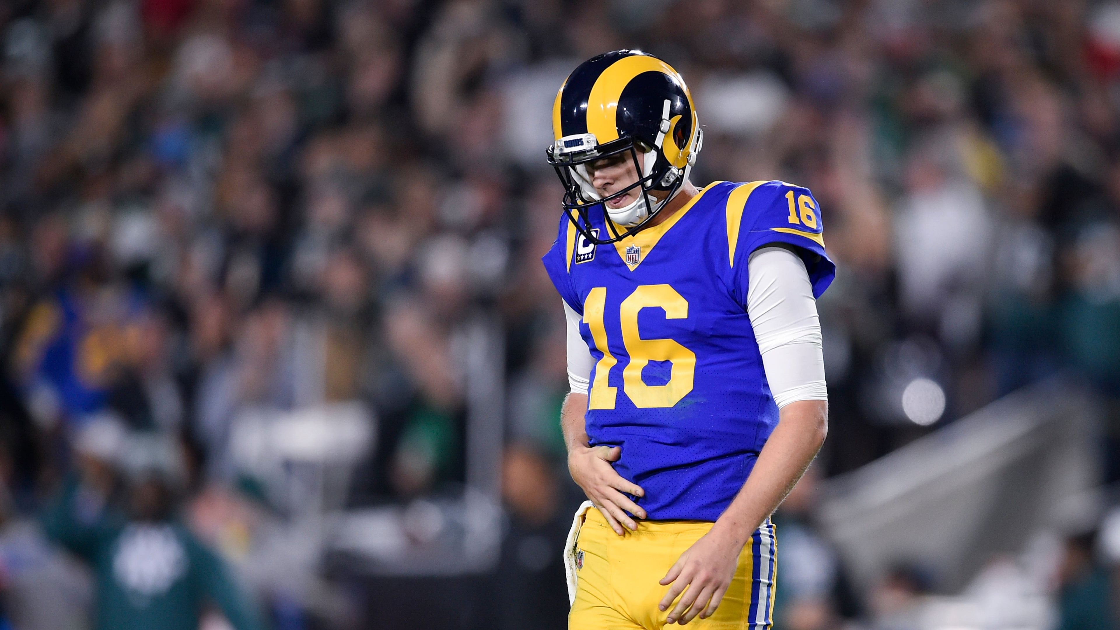 Dec 16, 2018; Los Angeles, CA, USA; Los Angeles Rams quarterback Jared Goff (16) reacts after throwing an interception during the second half against the Philadelphia Eagles at Los Angeles Memorial Coliseum. Mandatory Credit: Kelvin Kuo-USA TODAY Sports