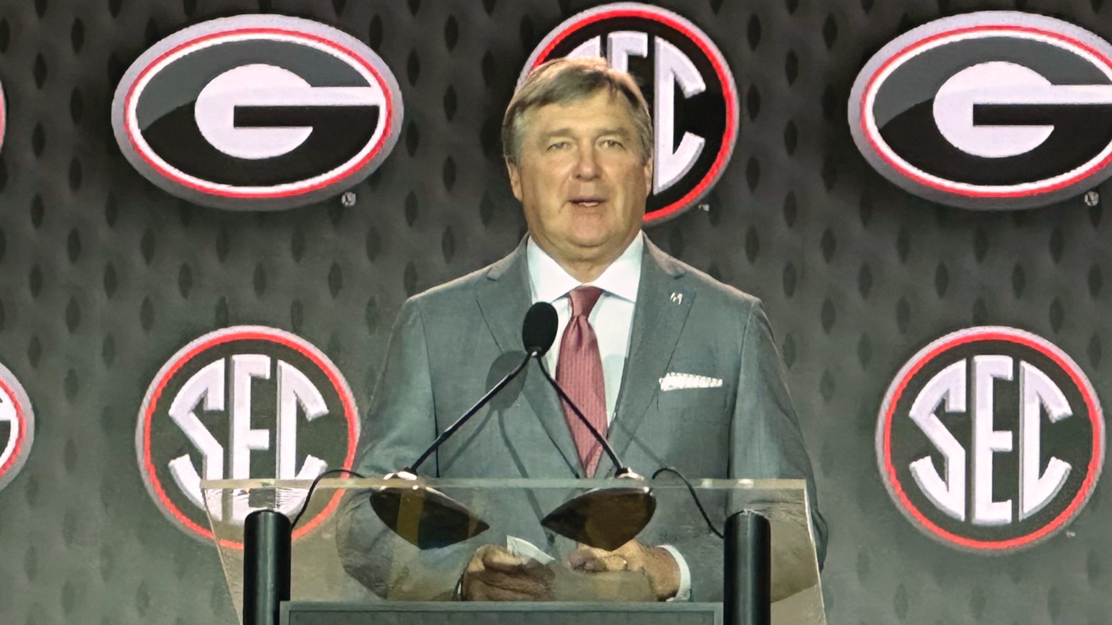 Georgia coach Kirby Smart discusses the upcoming football season at SEC media days July 21, 2026, in Tampa, Florida. (Hunter Dawkins/the Gazebo Gazette via AP)