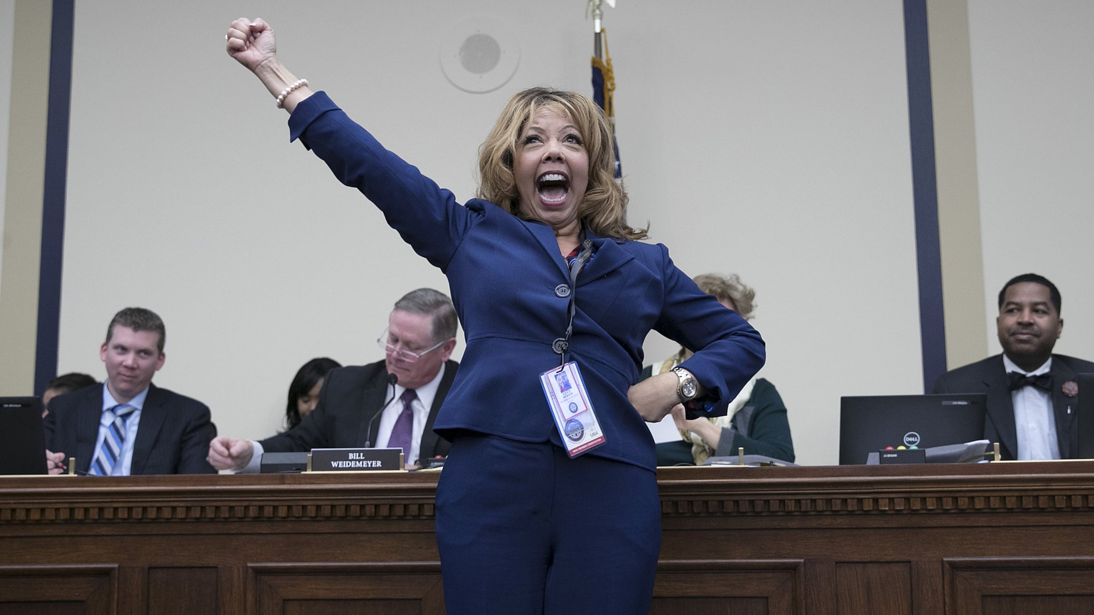 Rep.-elect Lucy McBath, D-Marietta, celebrates after drawing a low number in the lottery for congressional offices on Capitol Hill on Nov. 30, 2018. As part of the new member orientation process, incoming House freshmen take part in drawing random numbers that provide the order for selecting available congressional office space. (Photo by Win McNamee/Getty Images)