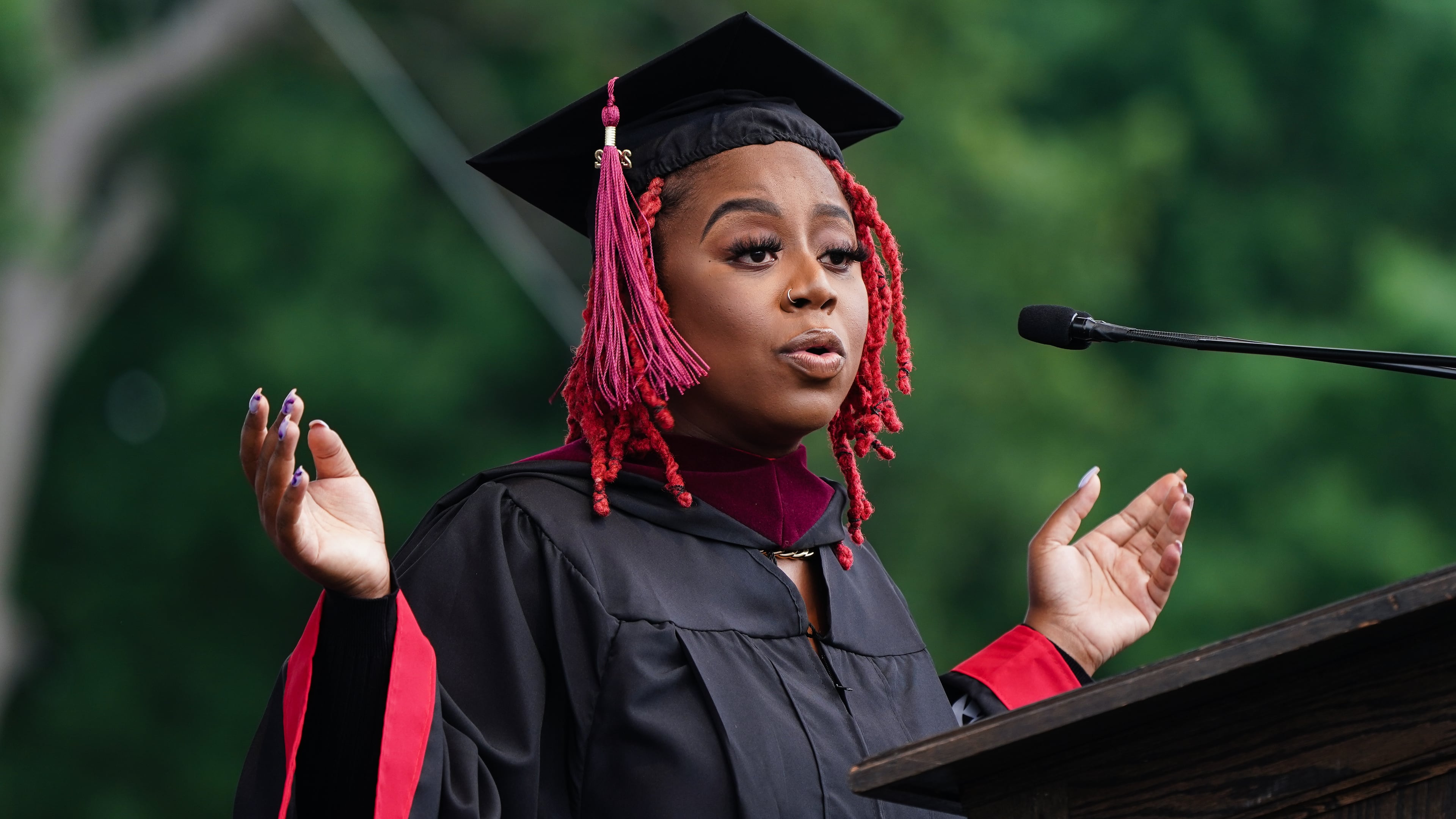 Pinky Cole delivers the commencement address during Clark Atlanta University’s 33rd Commencement exercises at Panther Stadium on Saturday, May 14, 2022, in Atlanta. (Elijah Nouvelage for The Atlanta Journal-Constitution)