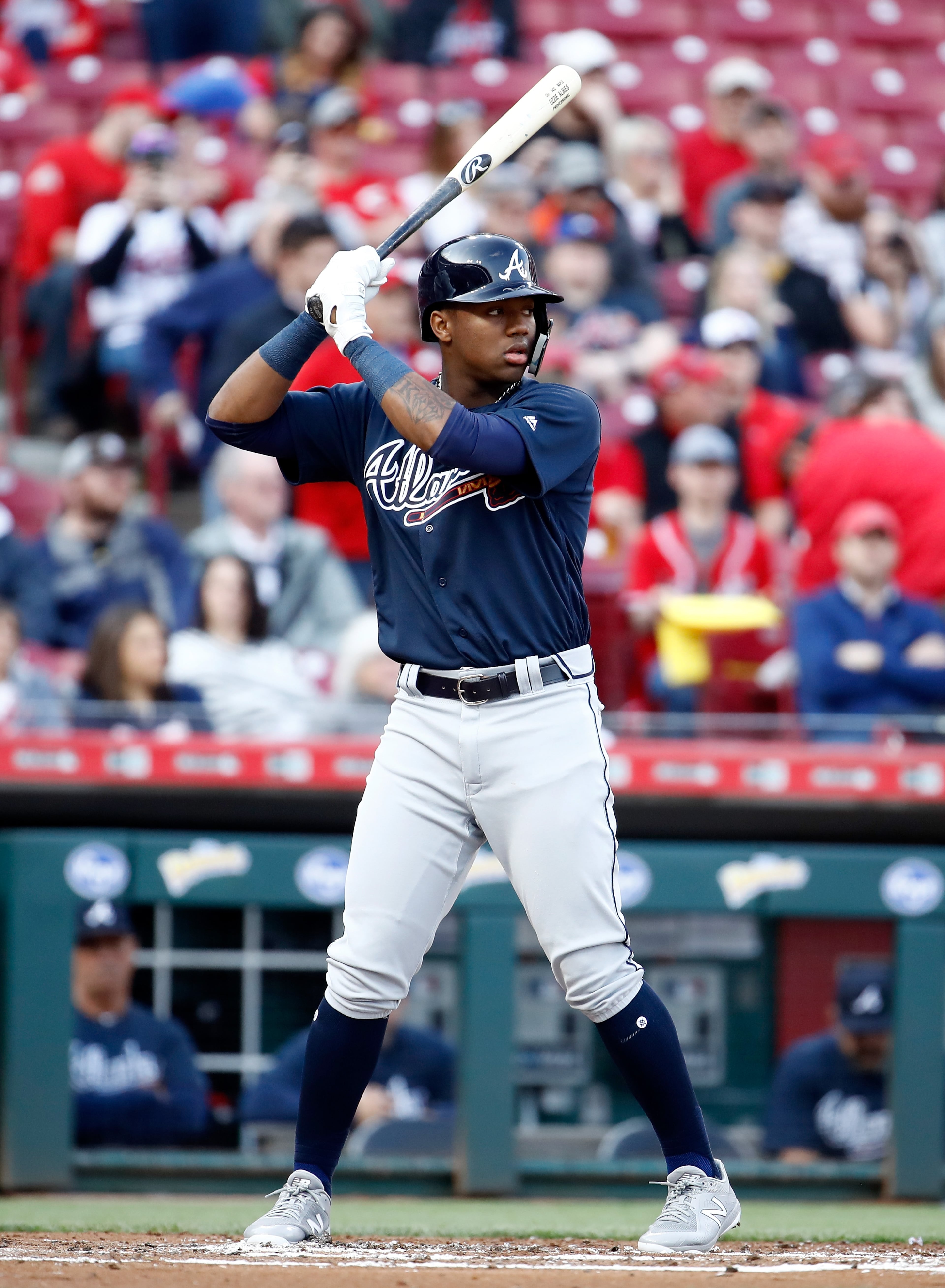 CINCINNATI, OH - APRIL 25: Ronald Acuna #13 of the Atlanta Braves flies out in his first MLB at bat against the Cincinnati Reds at Great American Ball Park on April 25, 2018 in Cincinnati, Ohio. (Photo by Andy Lyons/Getty Images)