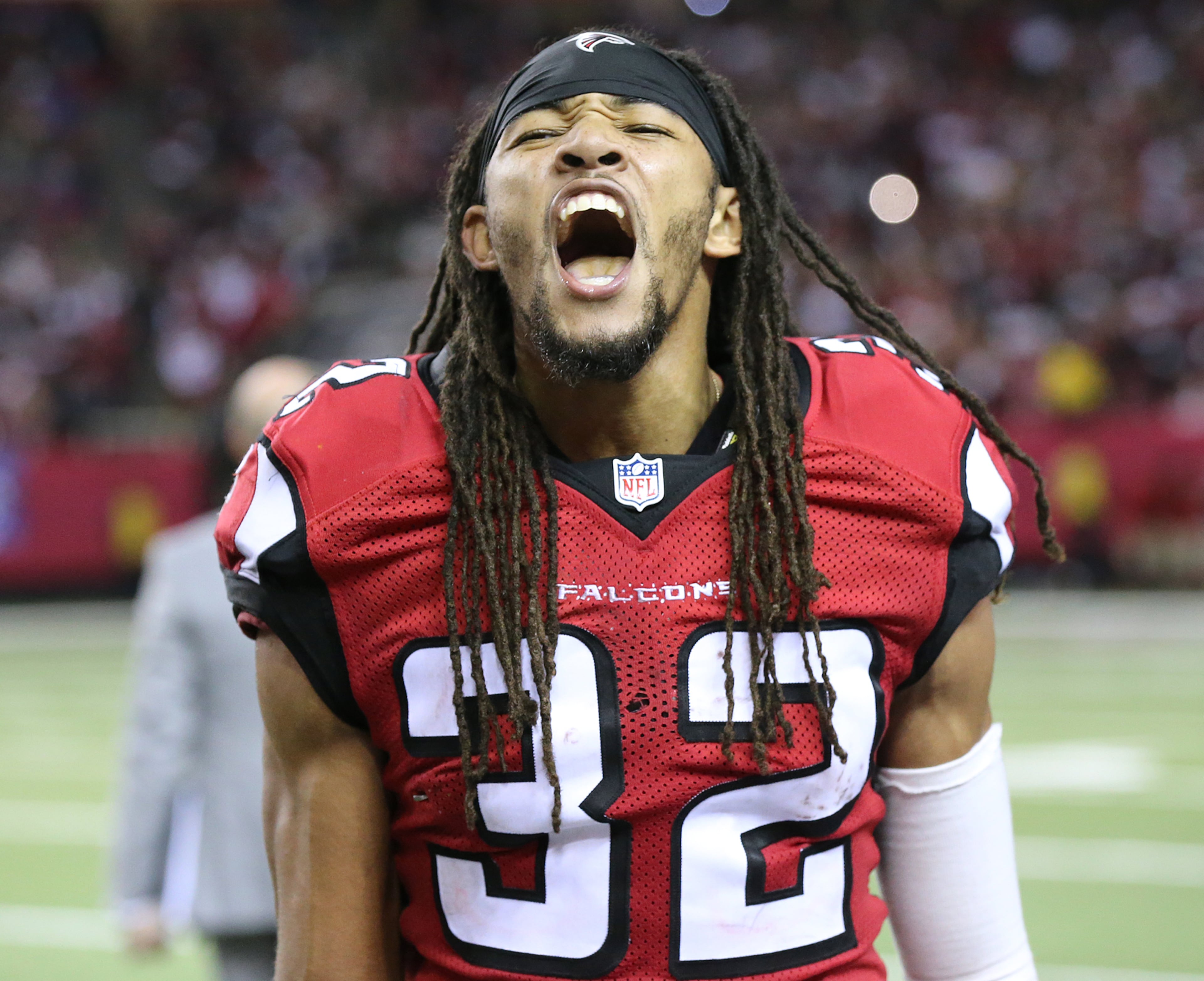 January 22, 2017, Atlanta: Falcons cornerback Jalen Collins celebrates beating the Packers 44-21 in the NFL football NFC Championship game to advance to the Super Bowl on Sunday, Jan. 22, 2017, in Atlanta. Curtis Compton/ccompton@ajc.com
