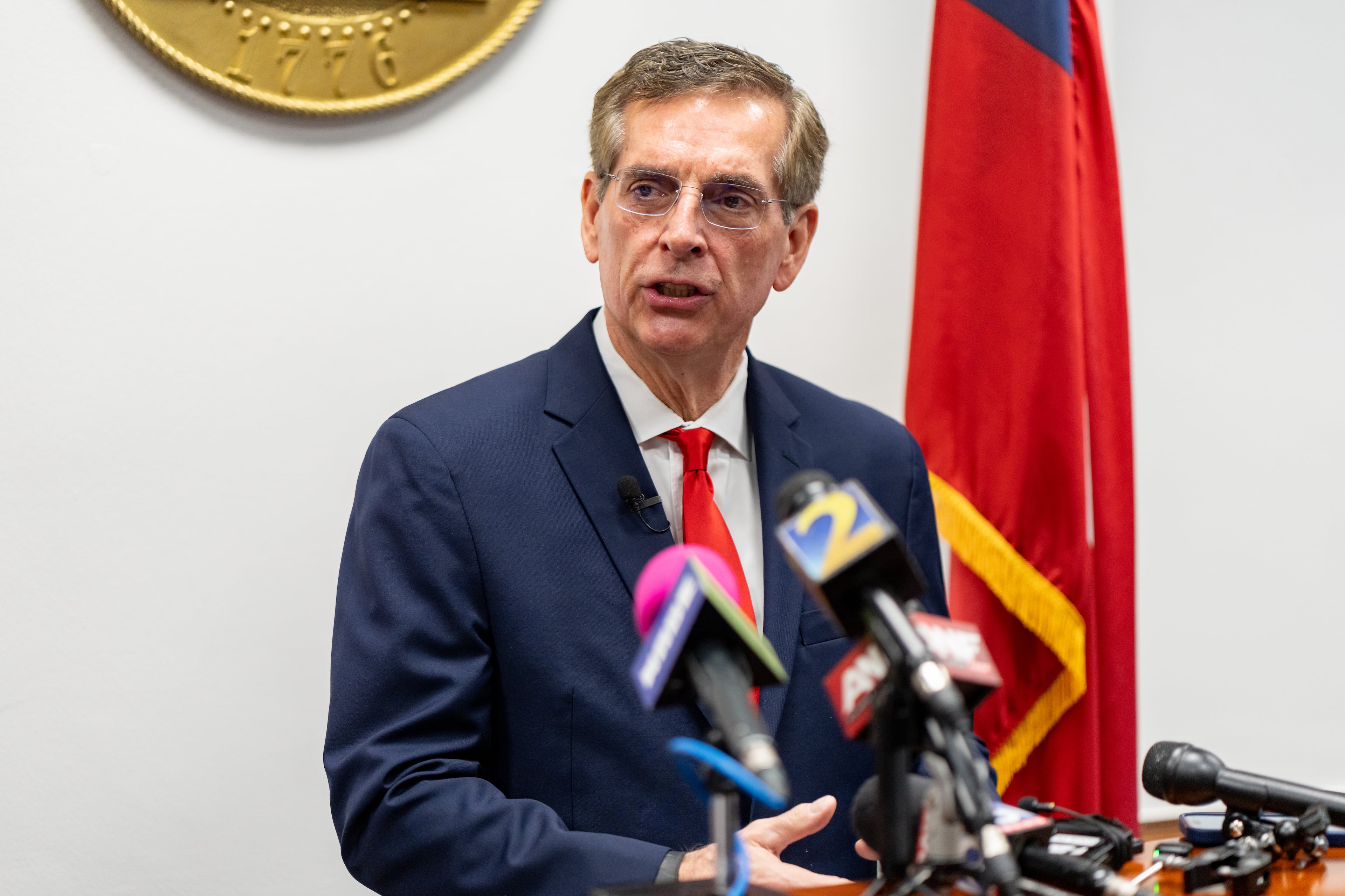Secretary of State Brad Raffensperger gives an update to the media about First Liberty Building & Loan's alleged Ponzi scheme on Wednesday, April 1, 2026. (Ben Hendren for the AJC)