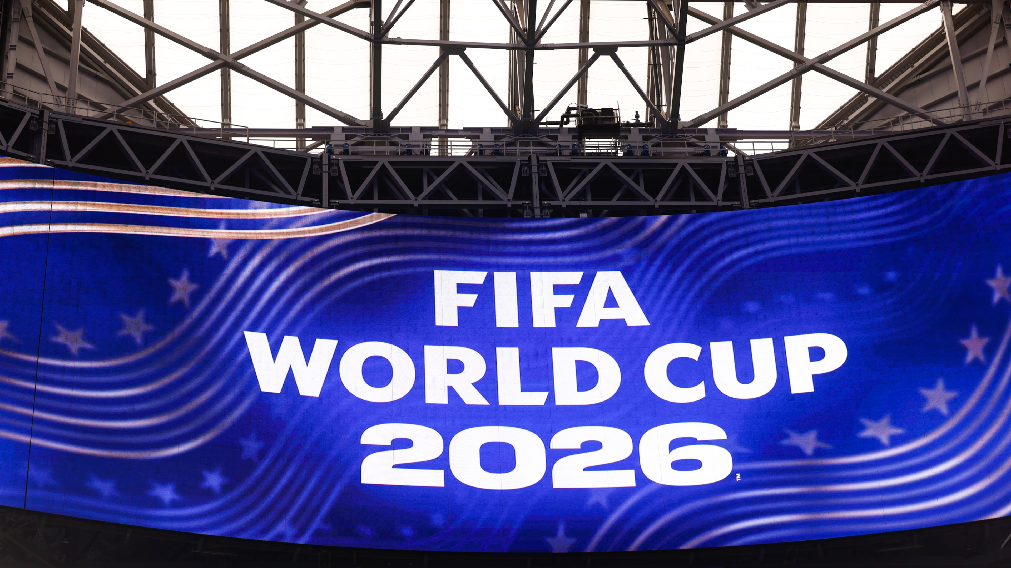 A sign for the FIFA World Cup is seen under the roof at Mercedes-Benz Stadium in Atlanta on May 21, 2026. (Arvin Temkar/AJC)
