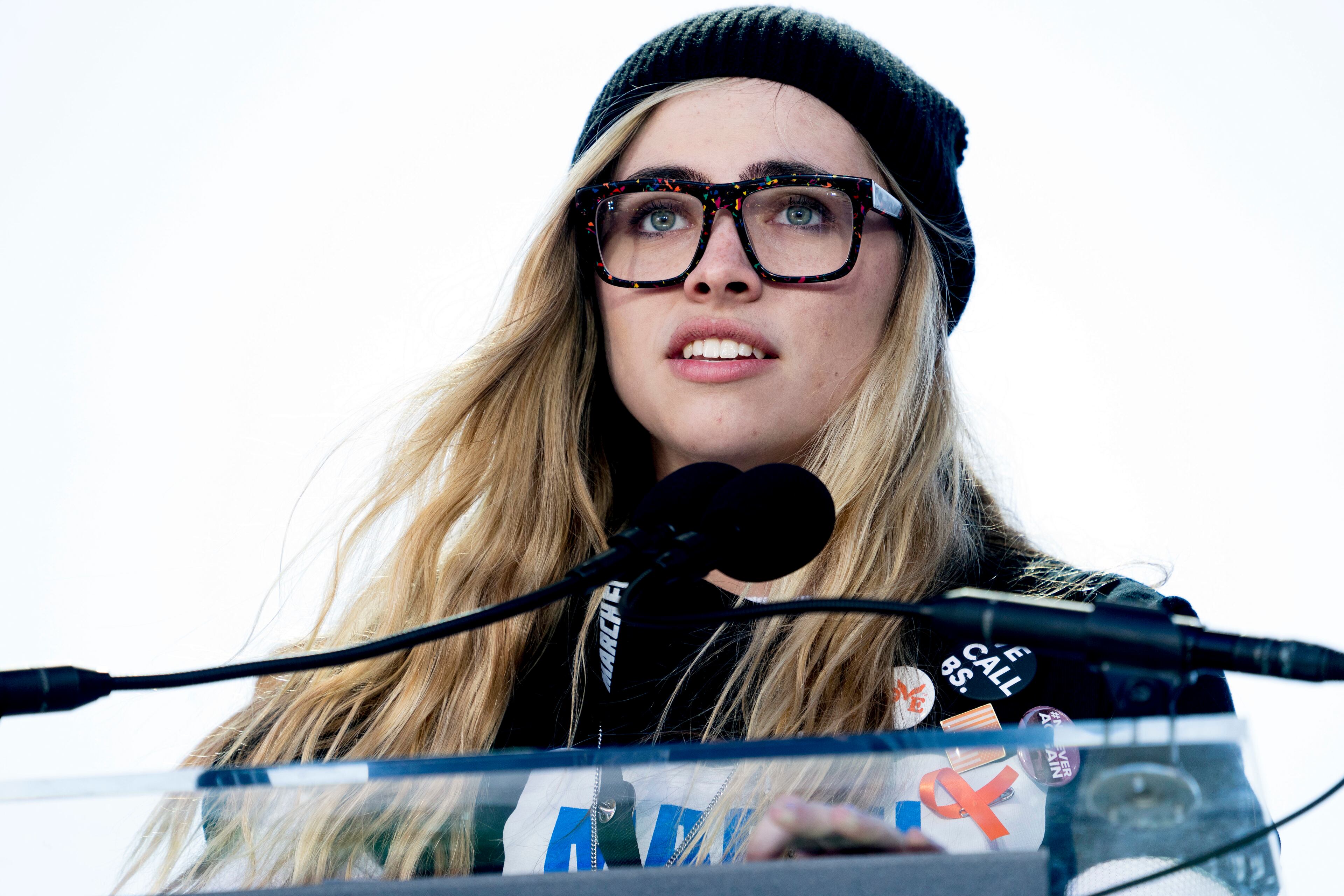 Delaney Tarr, a survivor of the mass shooting at Marjory Stoneman Douglas High School in Parkland, Fla., speaks during the "March for Our Lives" rally in support of gun control in Washington, Saturday, March 24, 2018. (AP Photo/Andrew Harnik)