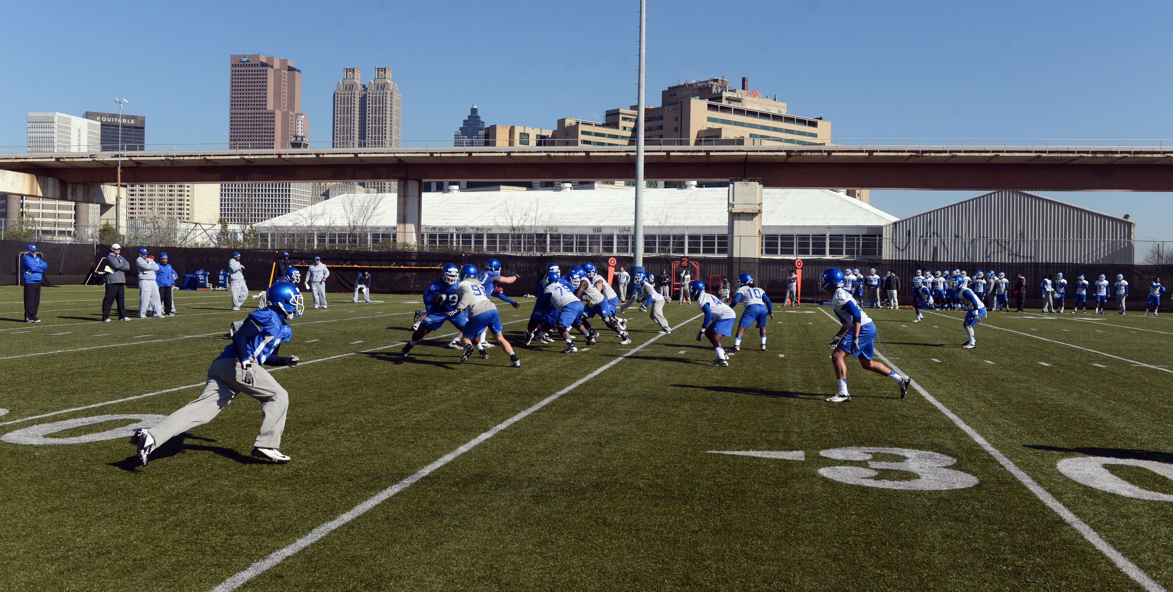 The Panthers prepare for a 2013 season that will see them move to the Sun Belt conference and the Football Bowl Subdivision (FBS). The workout on Wednesday, March 27, 2013 was the first of 15 practices that will culminate with the April 20 Spring Scrimmage, scheduled for 1 p.m. at the Georgia Dome.