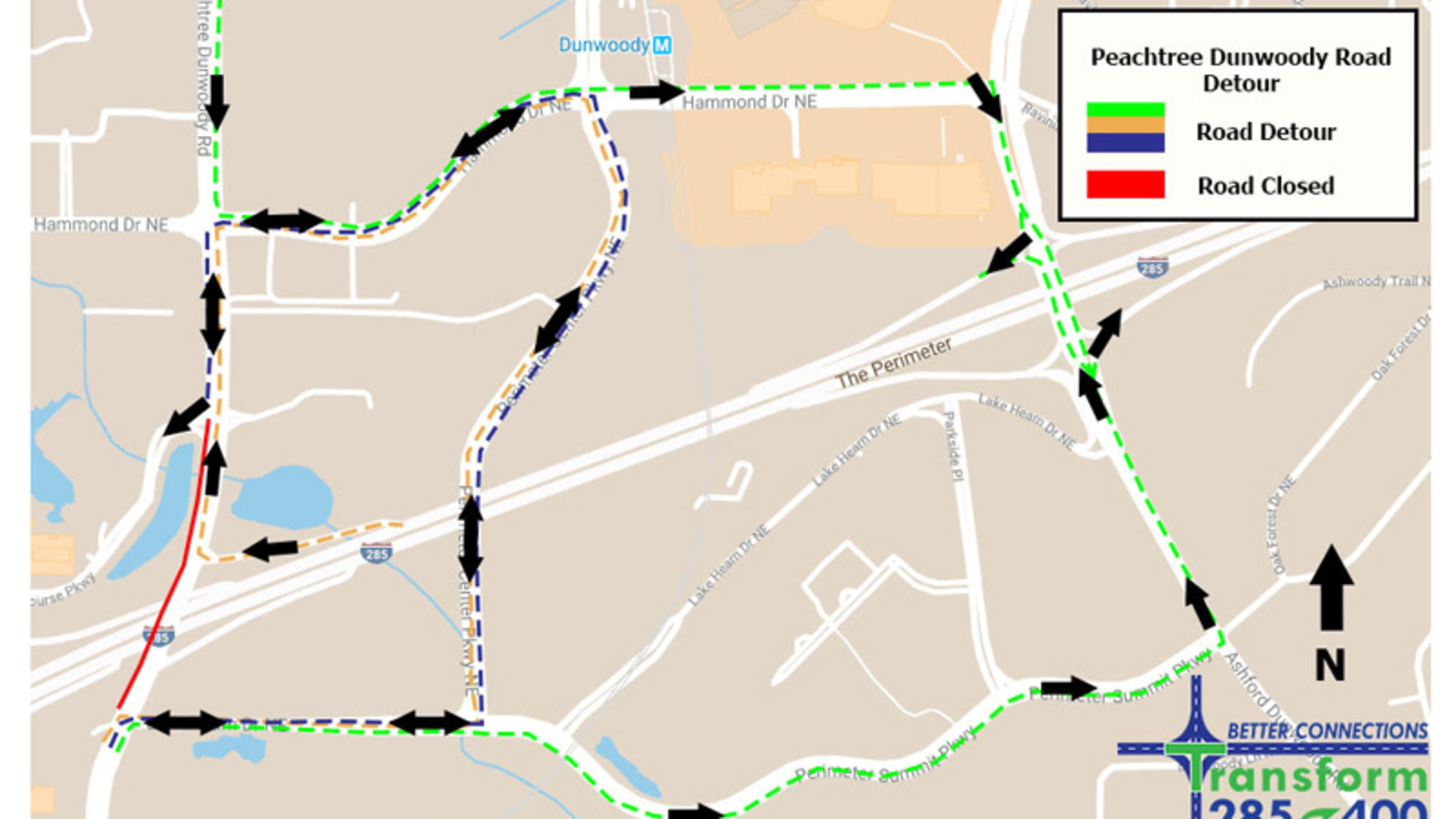 Map depicts the recommended detours when Peachtree Dunwoody Road is closed at I-285 in Sandy Springs. GEORGIA DEPARTMENT OF TRANSPORTATION