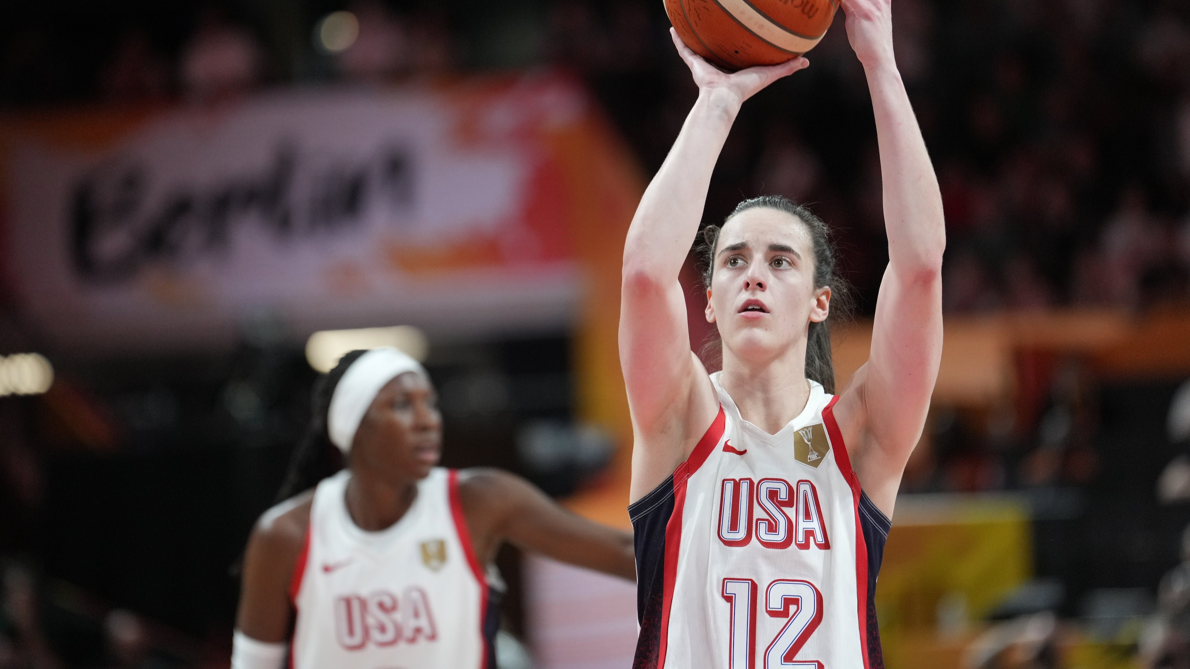 United States' Caitlin Clark shoots a free throw during the Women's Basketball World Cup match between China and the United States in Berlin, Friday, Sept. 4, 2026. (AP Photo/Ebrahim Noroozi)