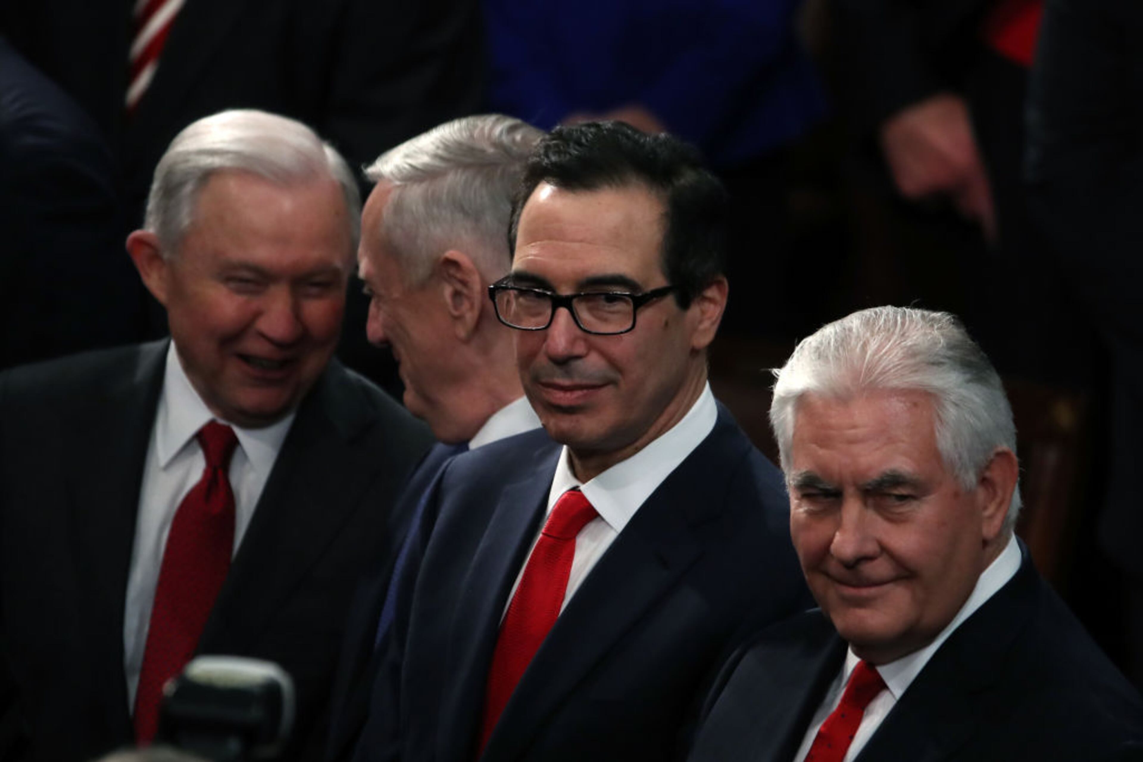 WASHINGTON, DC - JANUARY 30: (L-R) U.S. Attorney General Jeff Sessions, U.S. Secretary of Defense Gen. Jim Mattis, Secretary of the Treasury Steven Mnuchin, and U.S. Secretary of State Rex Tillerson during the State of the Union address in the chamber of the U.S. House of Representatives January 30, 2018 in Washington, DC. This is the first State of the Union address given by U.S. President Donald Trump and his second joint-session address to Congress. (Photo by Mark Wilson/Getty Images)