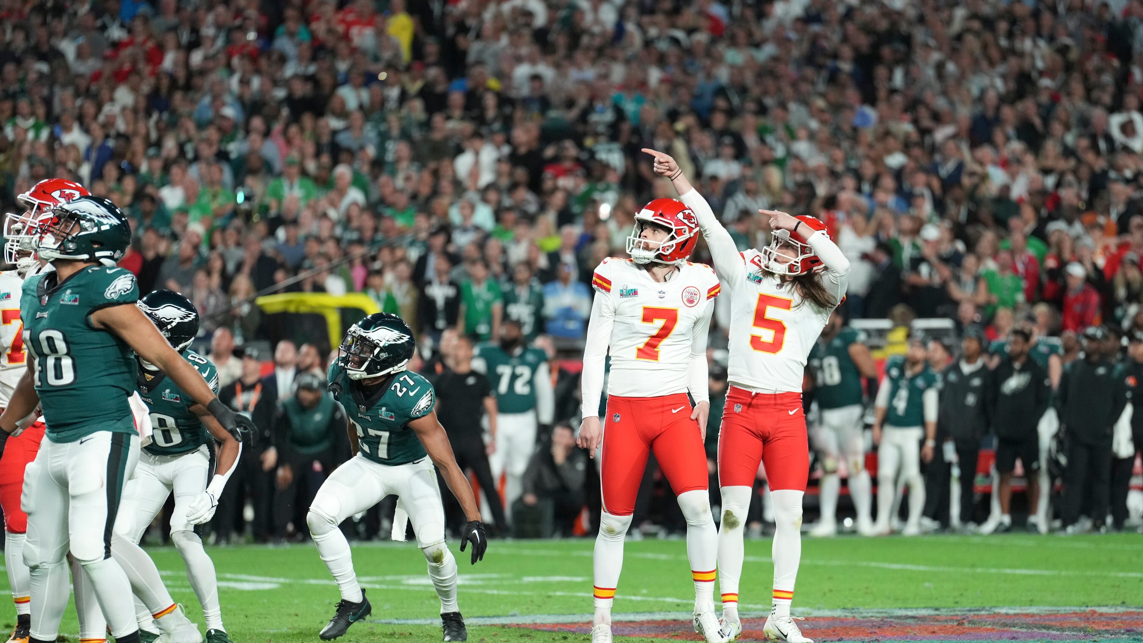 Kansas City Chiefs punter Tommy Townsend (5) and place kicker Harrison Butker (7) celebrate after making the winning field goal during Super Bowl LVII against the Philadelphia Eagles at State Farm Stadium in Glendale, Ariz., on Feb. 12, 2023. (Doug Mills/The New York Times).