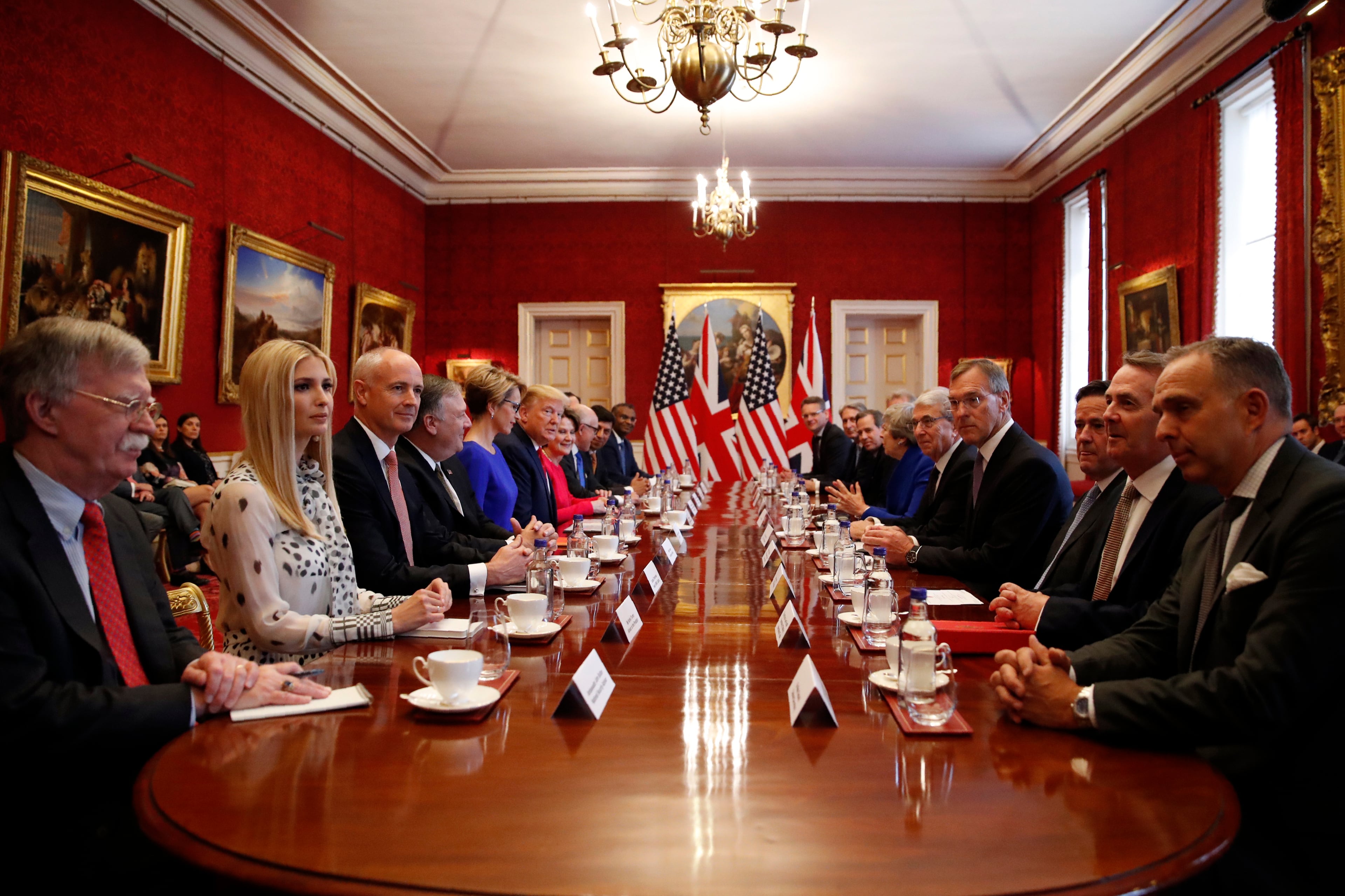 President Donald Trump, left center, and British Prime Minister Theresa May, right center, speak during a business roundtable event at St. James's Palace, Tuesday, June 4, 2019, in London. (AP Photo/Alex Brandon)