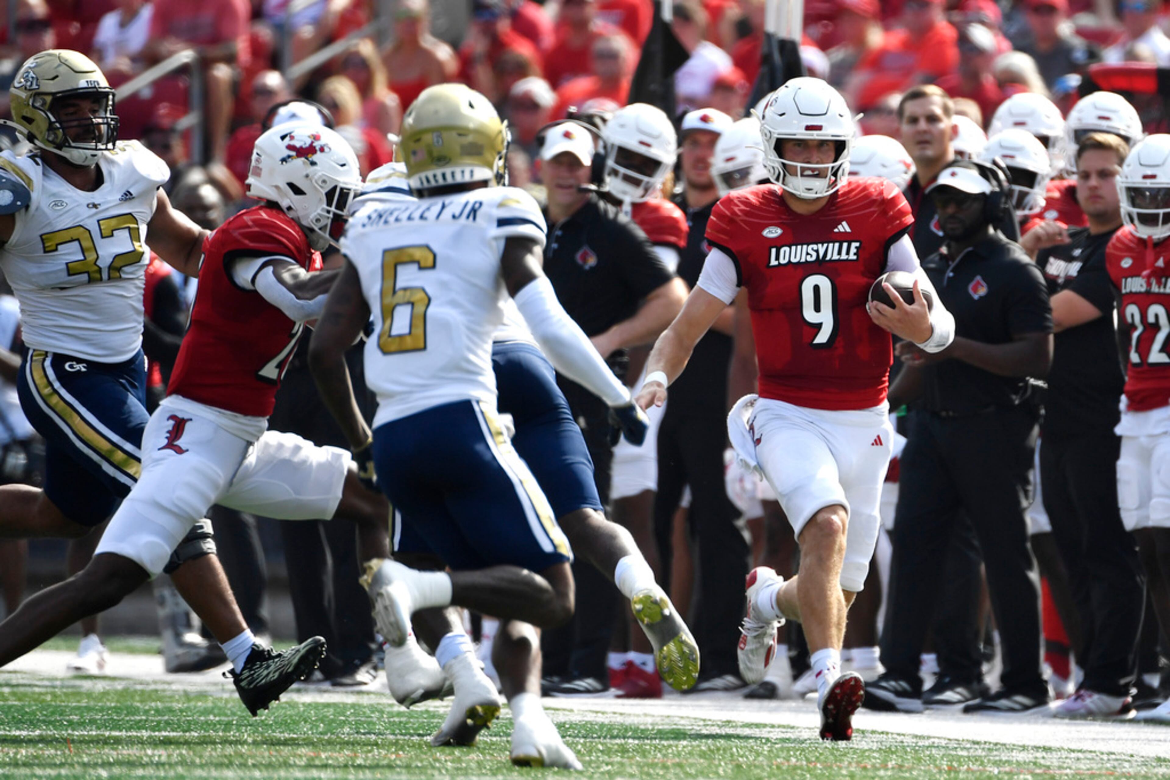 Louisville quarterback Tyler Shough (9) runs for a first down during the first half of an NCAA college football game in Louisville, Ky., Saturday, Sept. 21, 2024. (AP Photo/Timothy D. Easley)