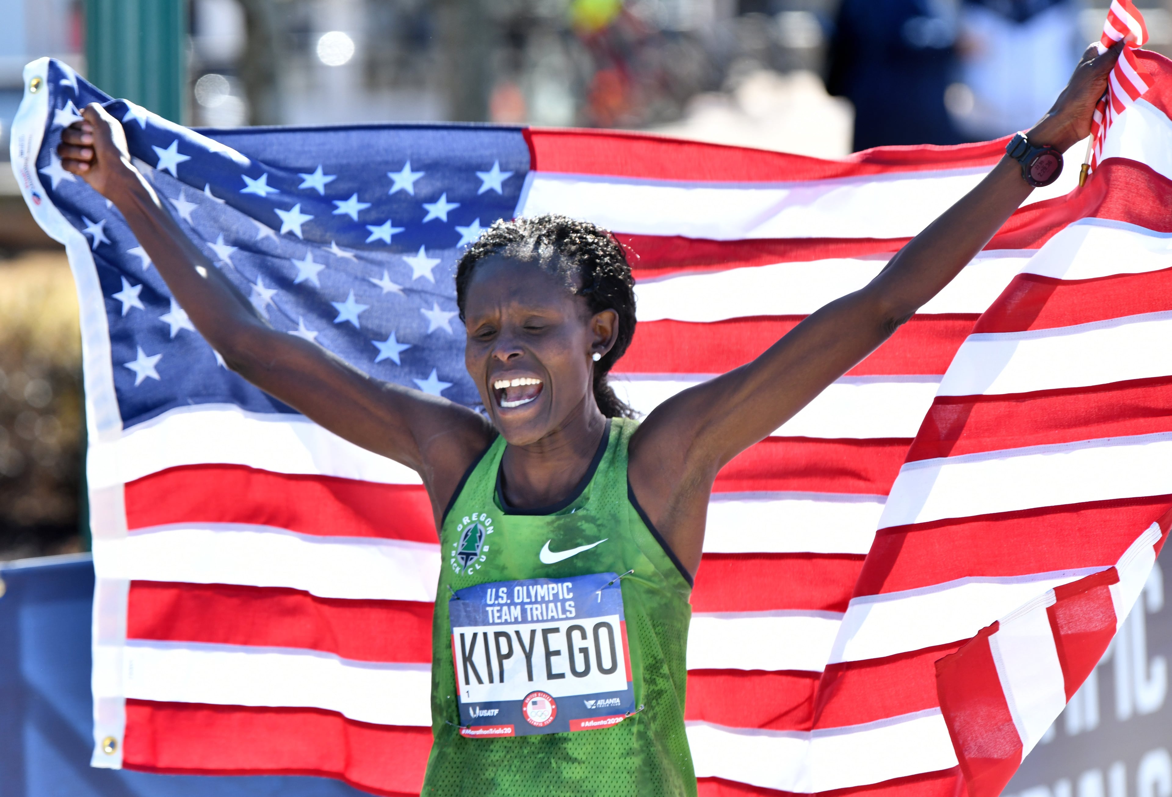 Sally Kipyego reacts after she was qualified during the 2020 U.S. Olympic Team Trials Marathon in downtown Atlanta on Saturday, February 29, 2020. (Hyosub Shin / Hyosub.Shin@ajc.com)