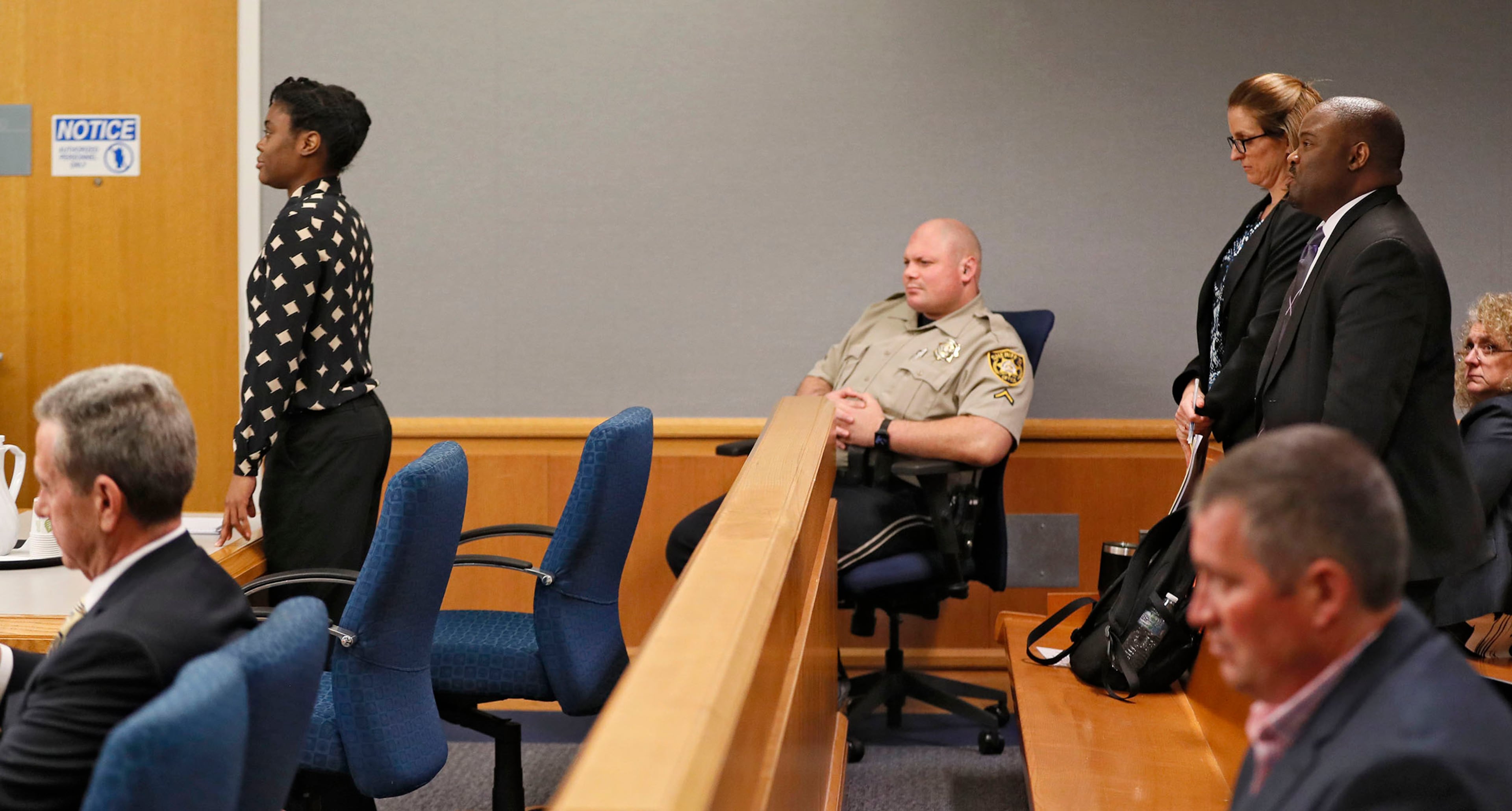 April 26, 2019 - Lawrenceville - Tiffany Moss (left) along with Emily Gilbert and Brad Gardner, state capital public defenders, discuss a motion to meet privately with Judge George Hutchinson outside the presence of the prosecution. The prosecution continued it's case in the third day of the Tiffany Moss murder trial. Moss, who is representing herself, is accused of intentionally starving her 10-year-old stepdaughter Emani to death in the fall of 2013. Bob Andres / bandres@ajc.com