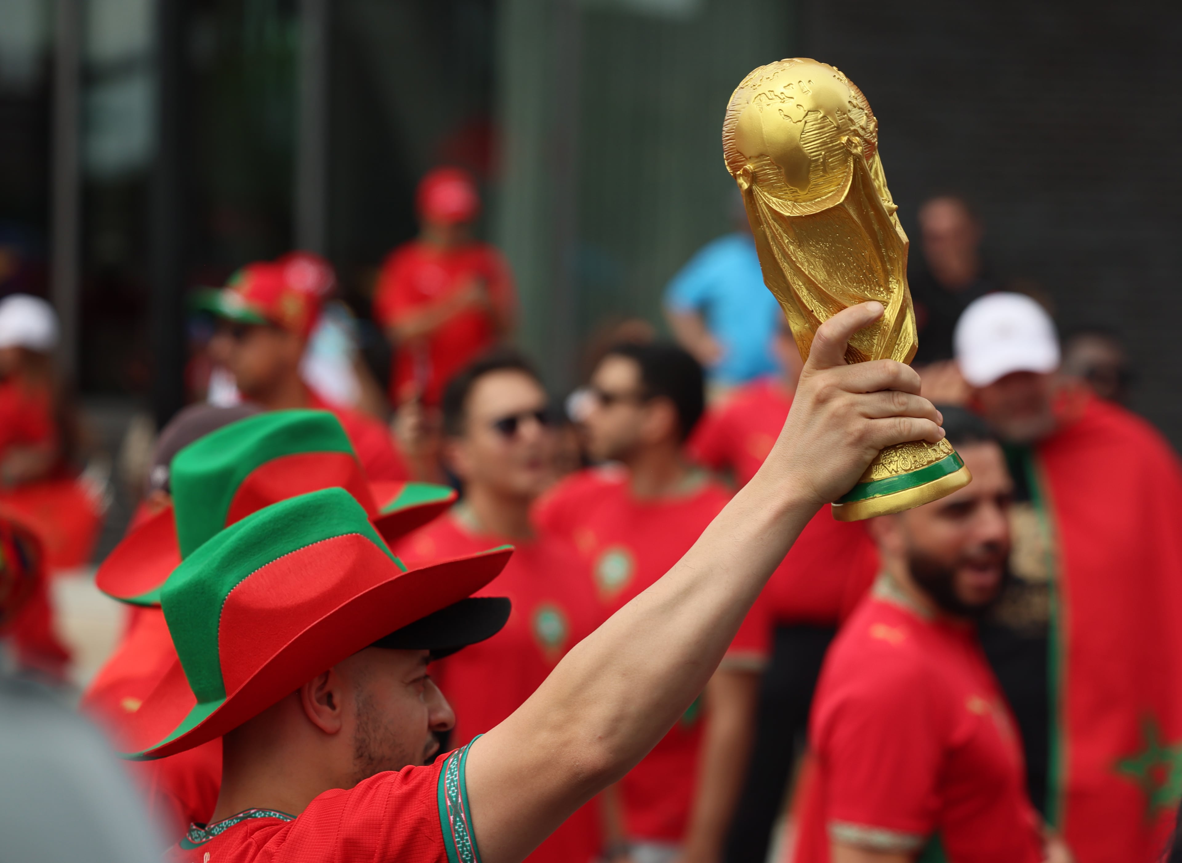 Fans of Morocco march from Founders Green on Broad Street to Atlanta Stadium (Mercedes-Benz Stadium) before the start of the Morocco vs. Haiti Group C match on Wednesday, June 24, 2026. (Jason Getz/AJC)