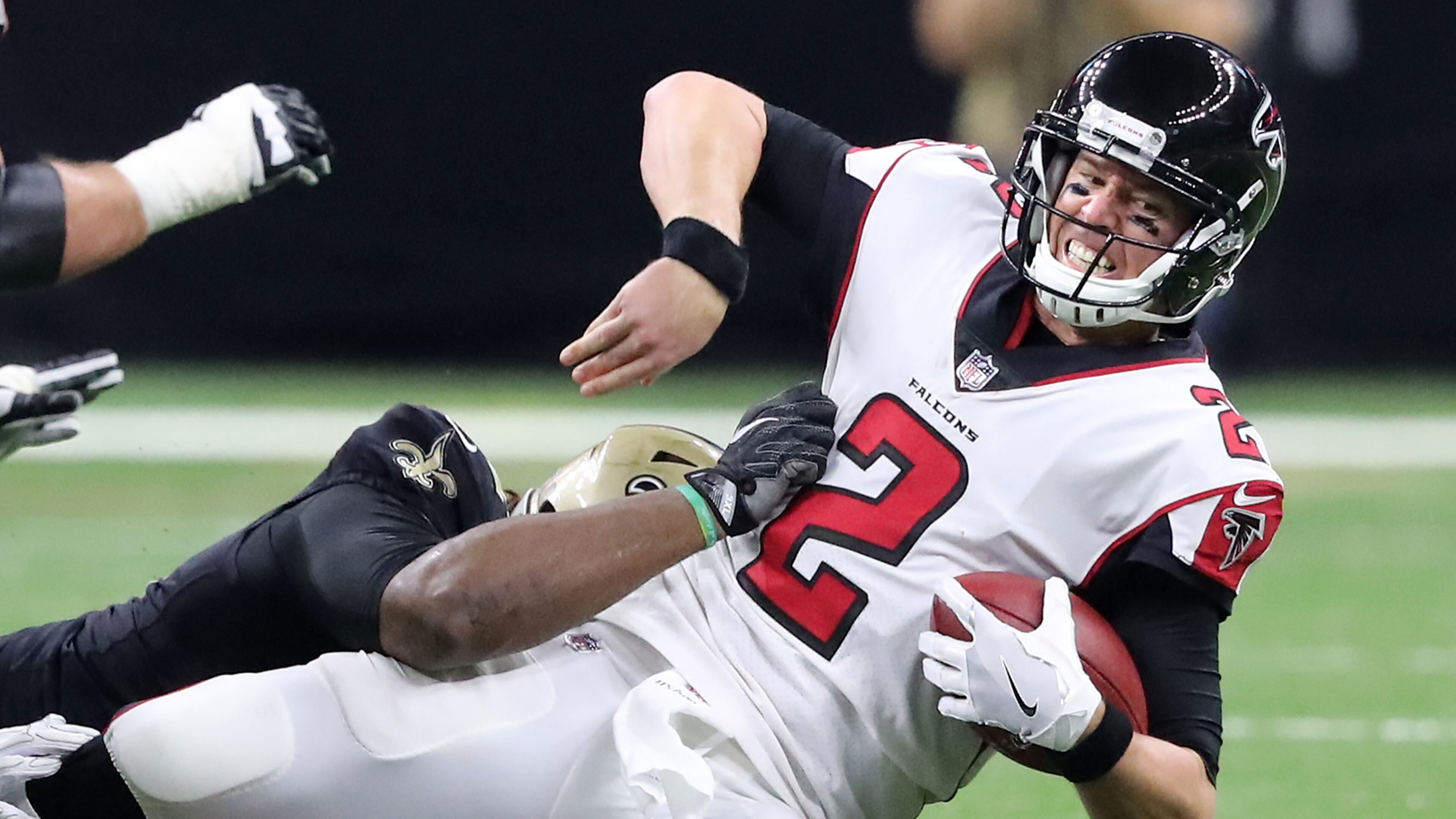 Saints defensive end Cameron Jordan sacks Falcons quarterback Matt Ryan on third down forcing a punt during the third quarter in a NFL football game on Sunday, December 24, 2017, in New Orleans.