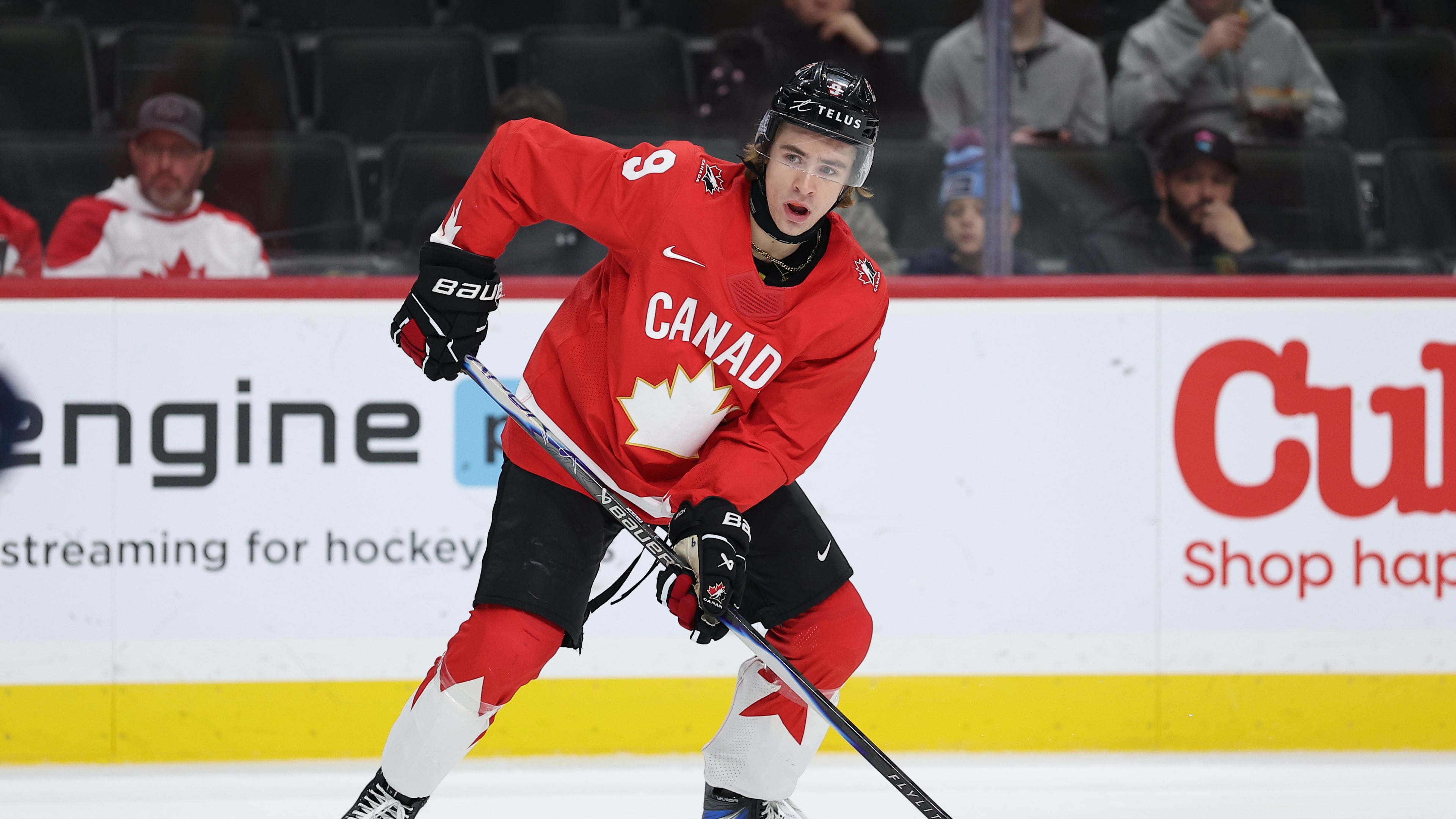 FILE - Canada forward Gavin McKenna (9) controls the puck during the second period of an IIHF World Junior Hockey Championship bronze medal game against Finland, Jan. 5, 2026, in St. Paul, Minn. (AP Photo/Matt Krohn, File)