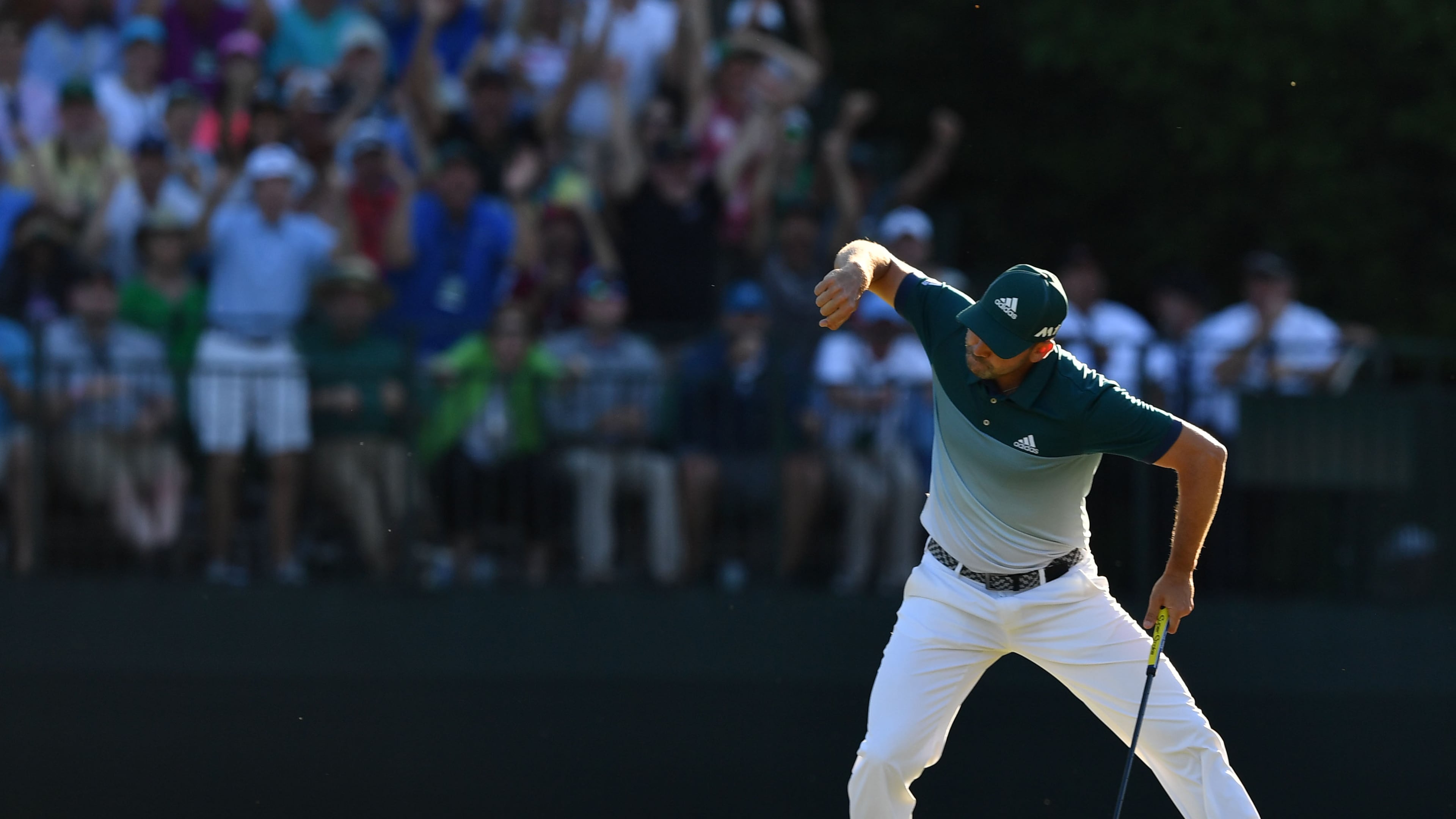 Sergio Garcia reacts to an eagle on the 15th hole, putting him at 9-under. Play begins in the final round of the 81st Masters tournament at the Augusta National Golf Club, Sunday, April 9, 2017. BRANT SANDERLIN / SPECIAL