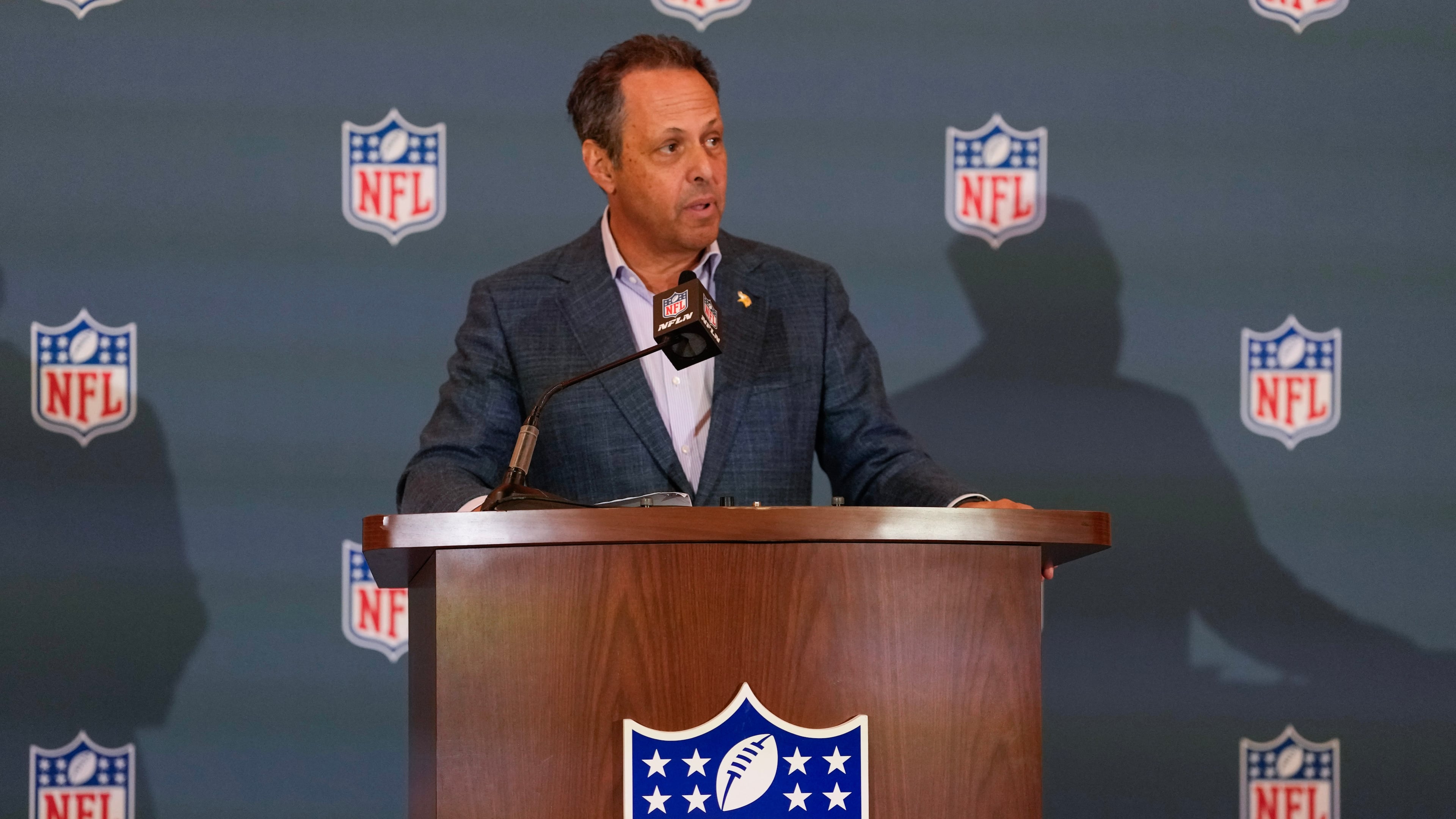 Minnesota Vikings owner Mark Wilf speaks during a news conference at the NFL football owners' meetings Tuesday, May 19, 2026, in Orlando, Fla. (AP Photo/John Raoux)