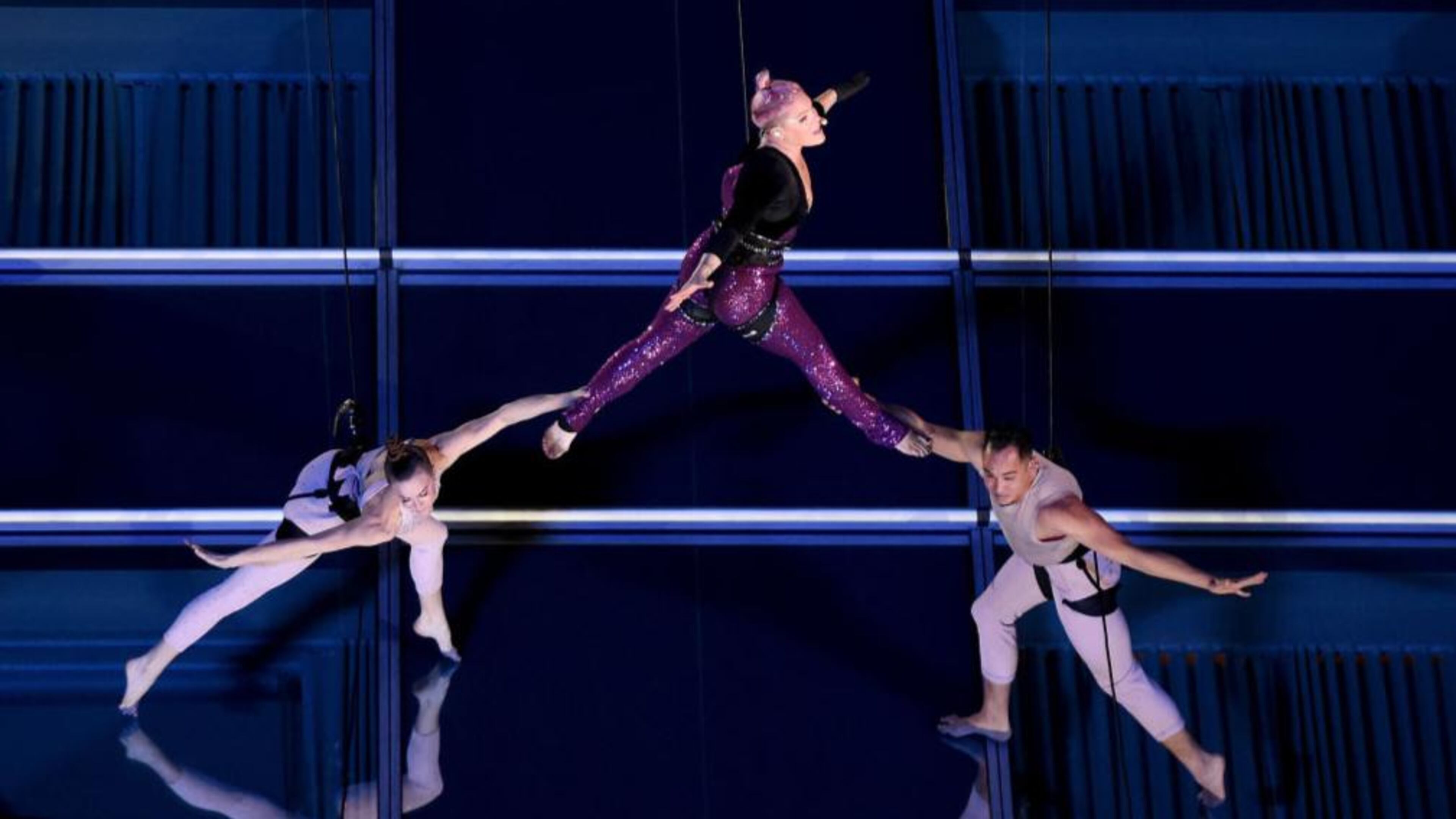 Pink performs on the side of the JW Marriott Los Angeles L.A. live during the 2017 American Music Awards at Microsoft Theater on November 16, 2017 in Los Angeles, California. This was a pre-tape which aired as part of the 2017 American Music Awards. (Photo by Kevin Winter/Getty Images)