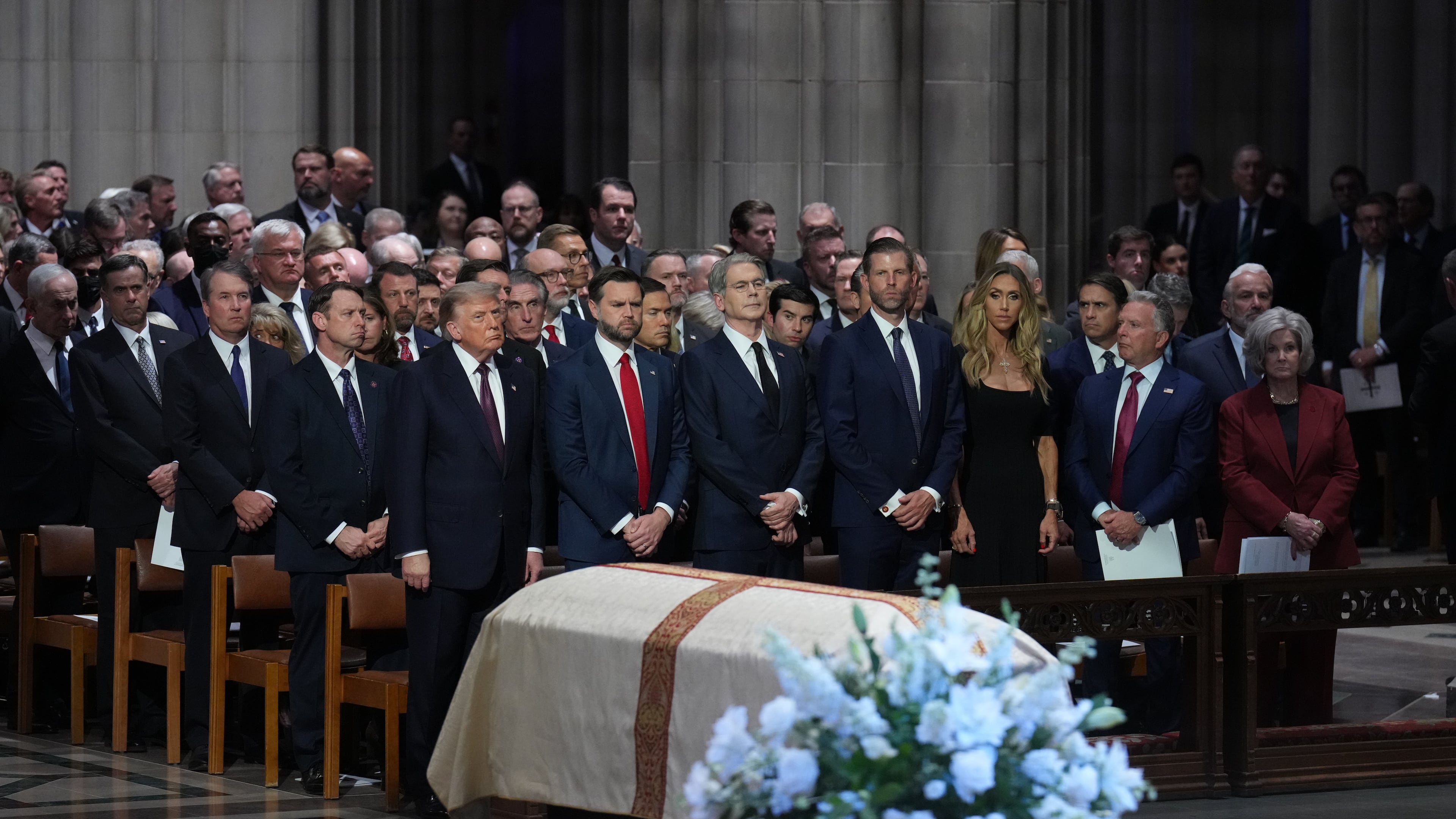 President Donald Trump, Vice President JD Vance and other guests, attend the funeral of Sen. Lindsey Graham, R-S.C., Tuesday July 28, 2026, at the Washington National Cathedral in Washington. (AP Photo/Jacquelyn Martin)
