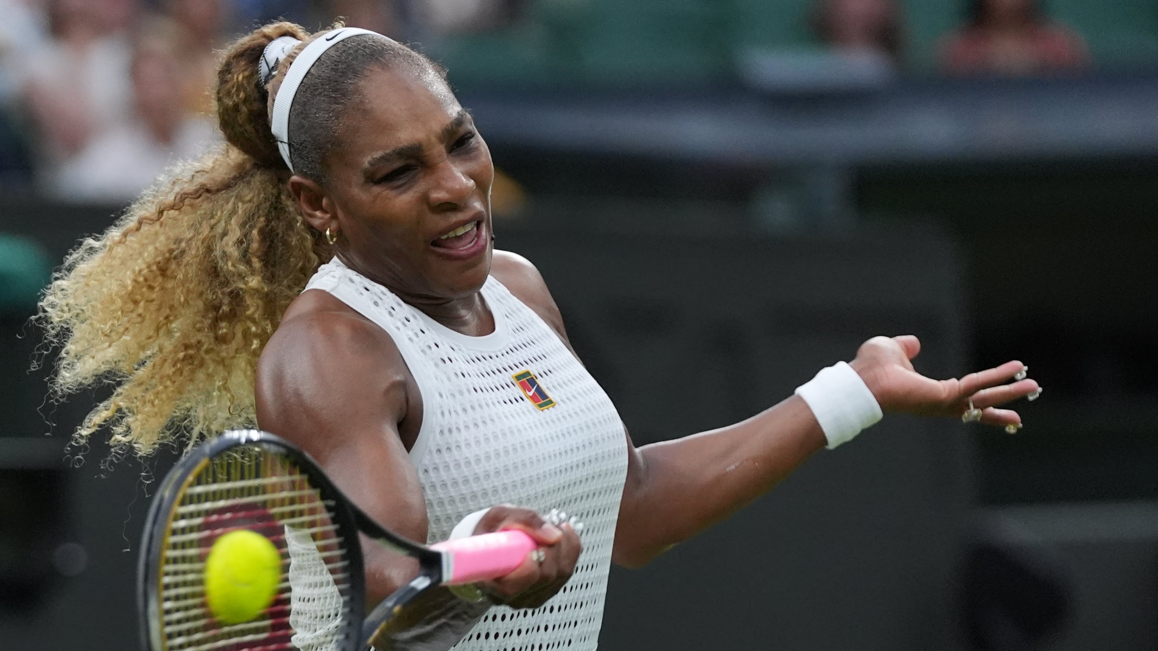 Serena Williams of the United States plays a forehand against Maya Joint of Australia in their first round women's singles match at the Wimbledon Tennis Championships in London, Tuesday, June 30, 2026. (AP Photo/Maja Smiejkowska)