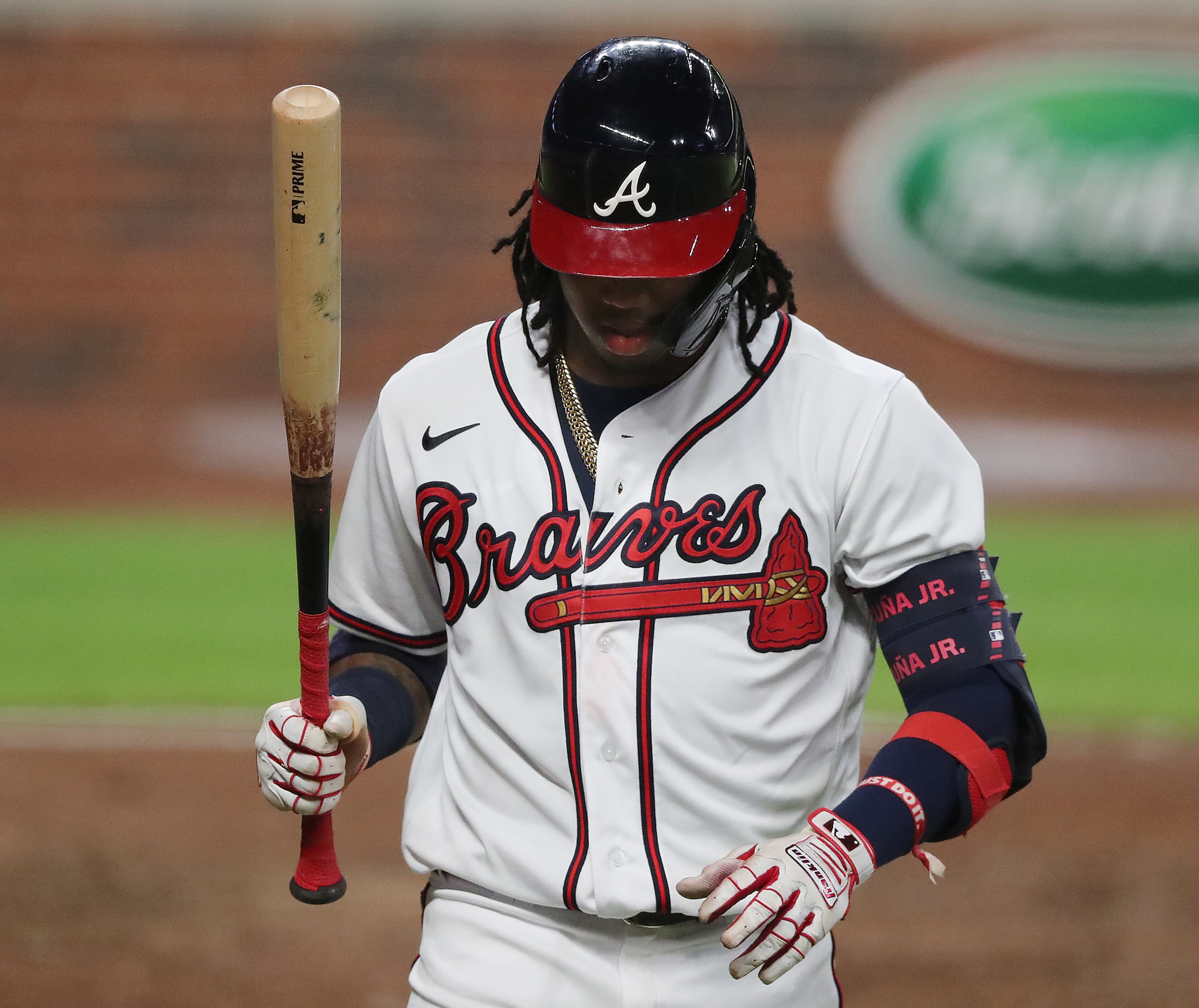 Atlanta Braves' Ronald Acuna reacts to striking out to end the game in a 7-2 loss to the New York Mets in a MLB baseball game on Monday, August 3, 2020 in Atlanta. Curtis Compton ccompton@ajc.com