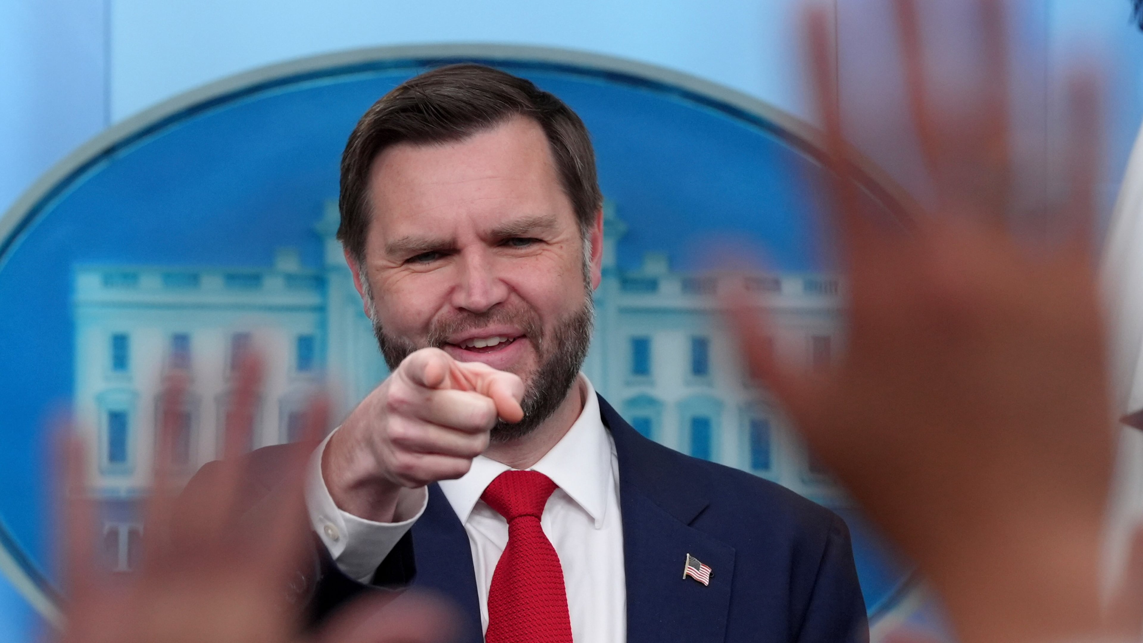 Vice President JD Vance points to a reporter to take a question in the James Brady Press Briefing Room at the White House, Thursday, June 18, 2026, in Washington. (AP Photo/Jacquelyn Martin)